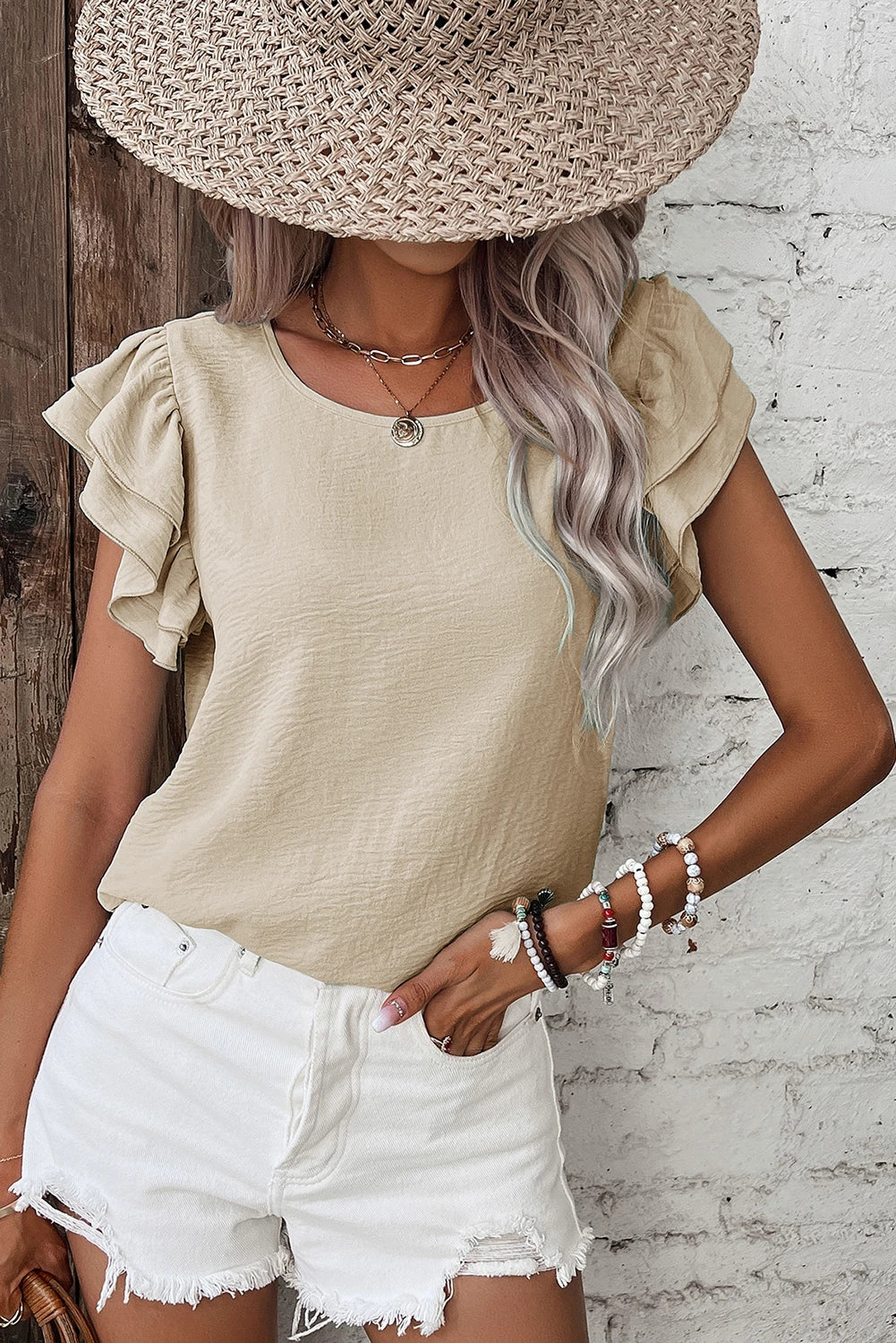 Solid Color Ruffled Short Sleeve Casual Blouse