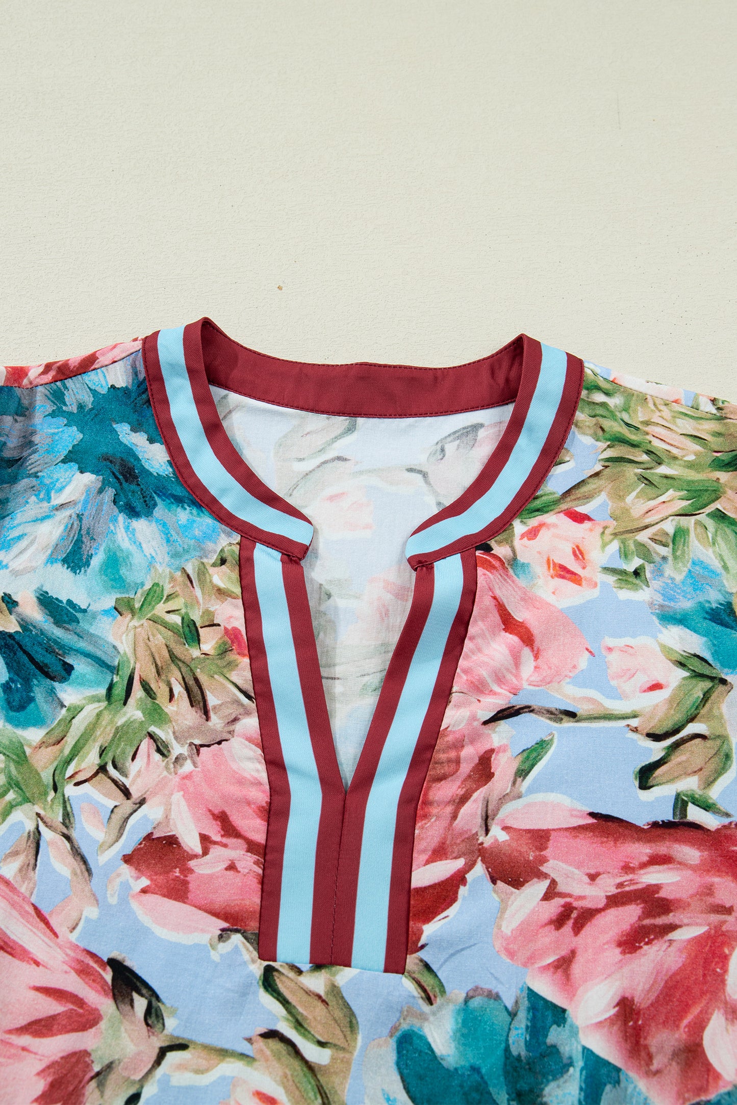 Sky Blue Contrast Trim V Neck Cuffed Bracelet Sleeve Floral Blouse