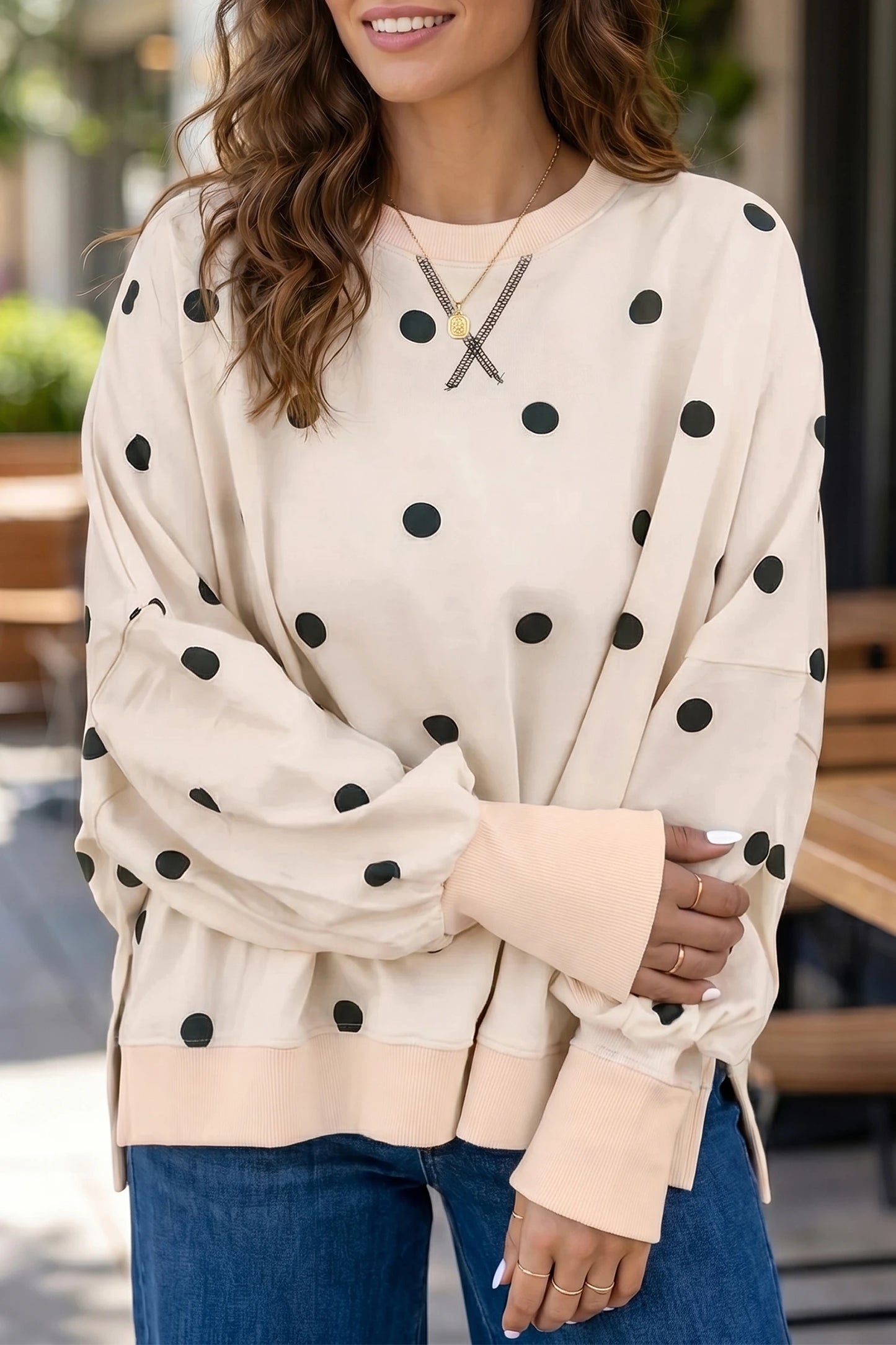 Loose-fit Long Sleeve Round Neck Polka Dot Tunic Sweatshirt