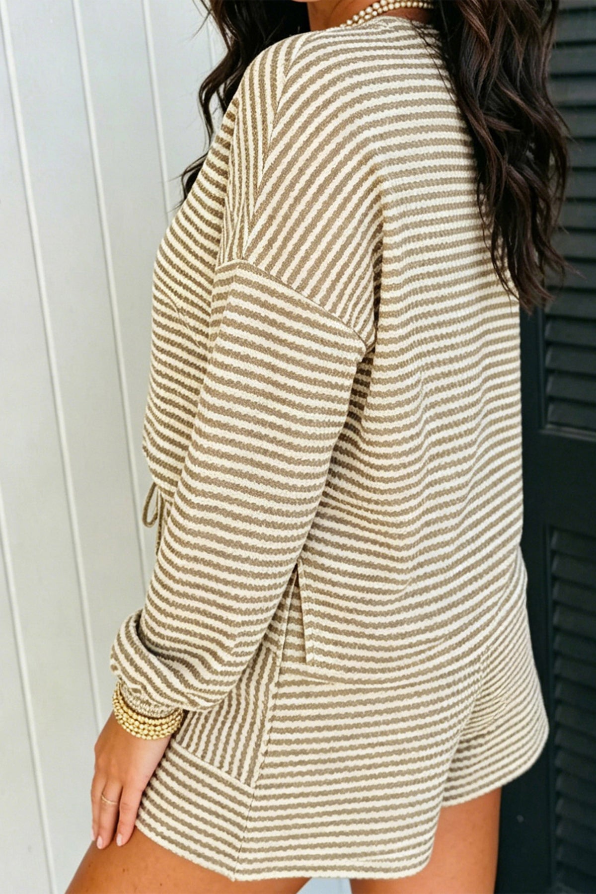 Black Stripe Textured Knit Long Sleeve Top Elastic Waist Shorts Casual Outfit
