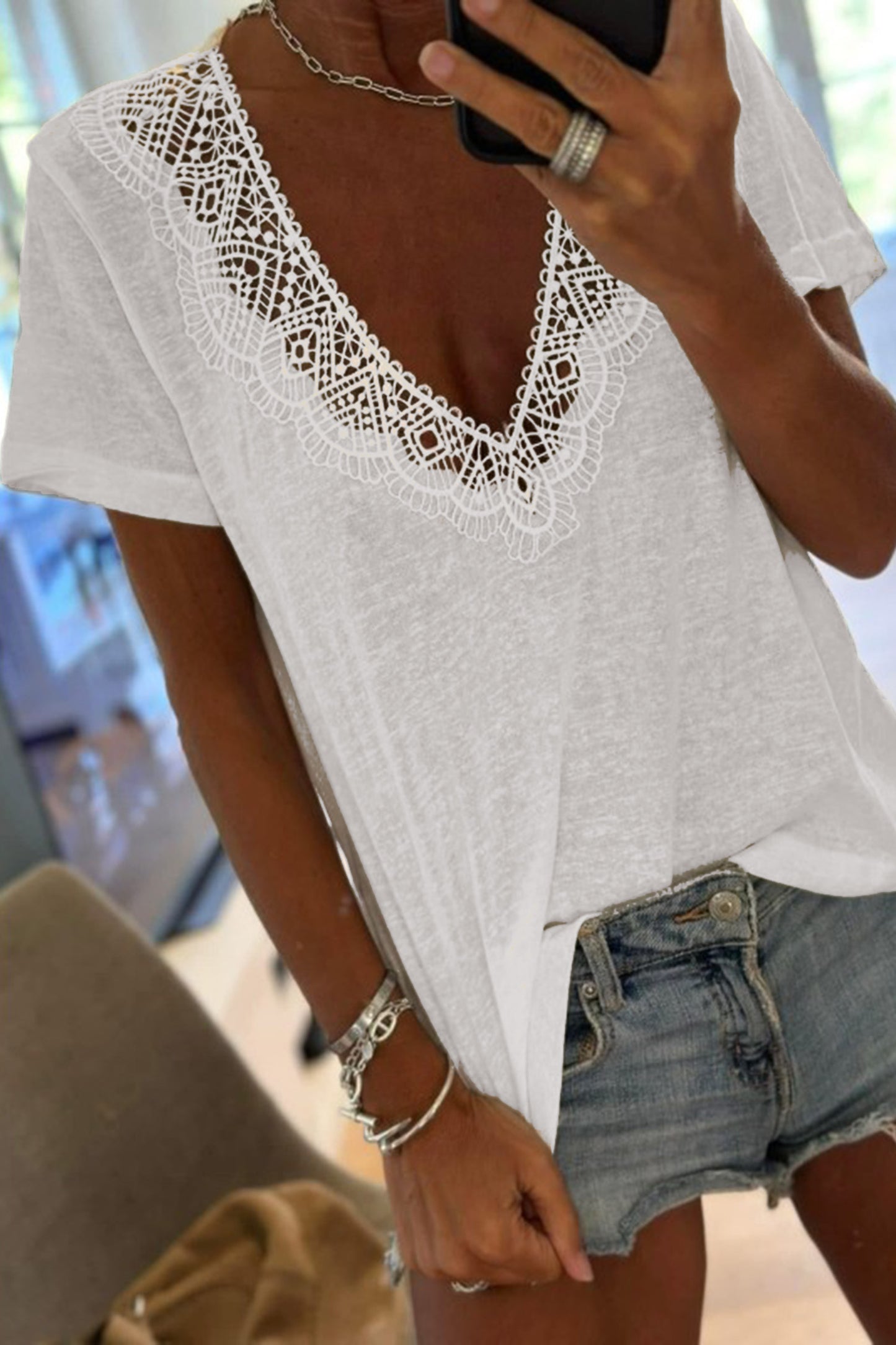 Patchwork Lace Viscose Tee Casual Summer V-Neck Top