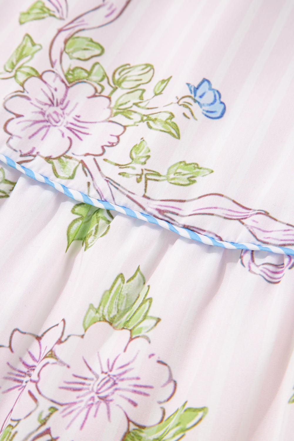 Pink Floral Striped Print Contrast Trim Tie Split Neck Mini Dress