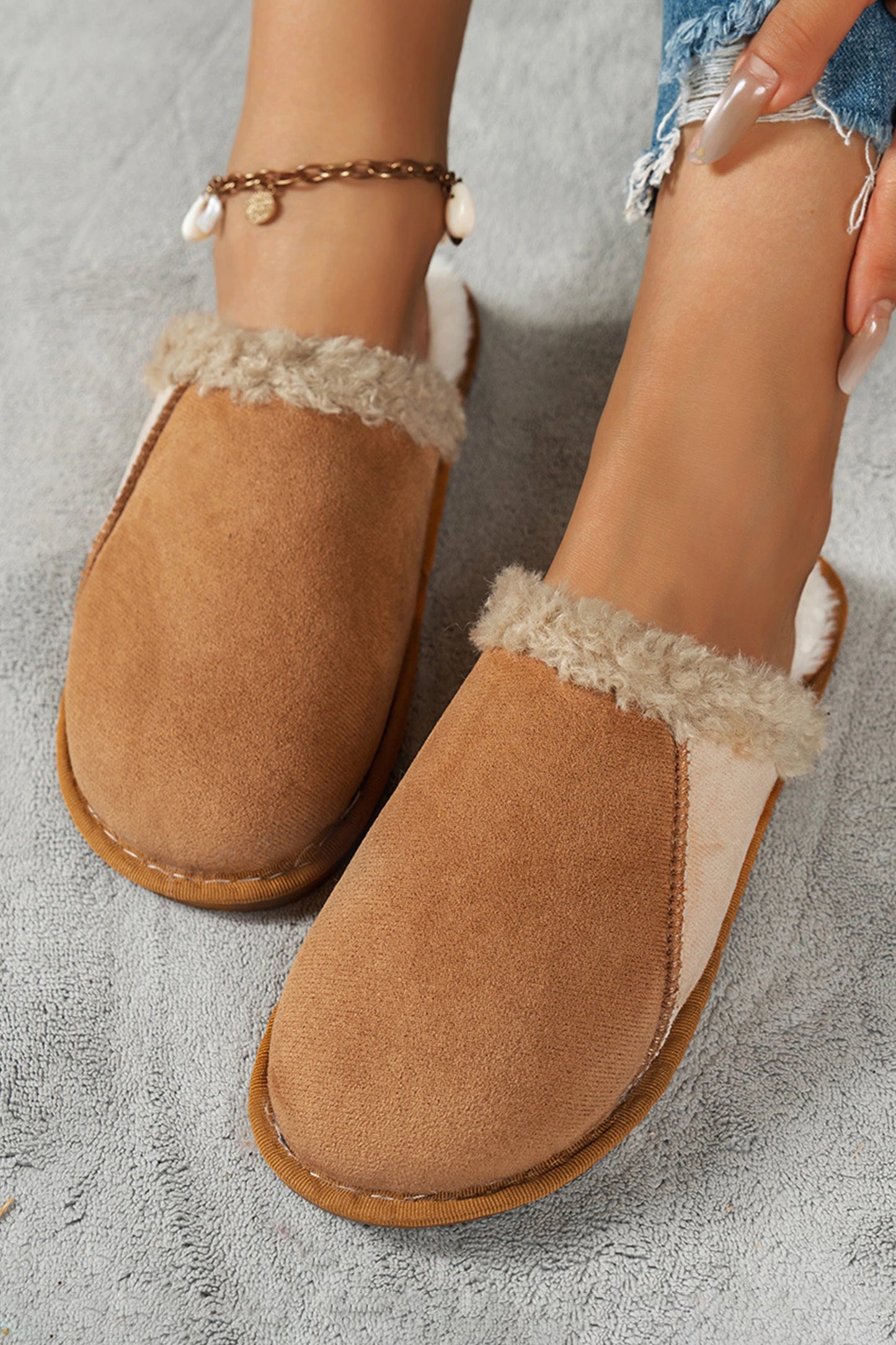 Camel Faux Suede Color Block Patchwork Sherpa Plush Lined Slippers