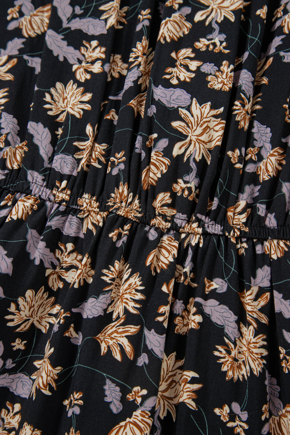 Beige Floral Deep V Neck Smocked Bust Bubble Sleeve Babydoll Dress