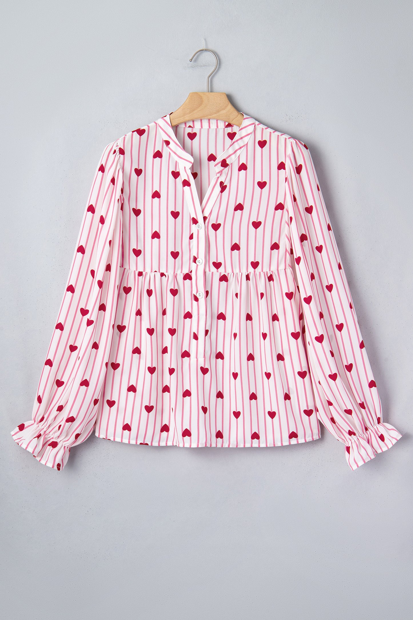 Pink Stripe Textured Heart Print Long Flounce Sleeve Shirt