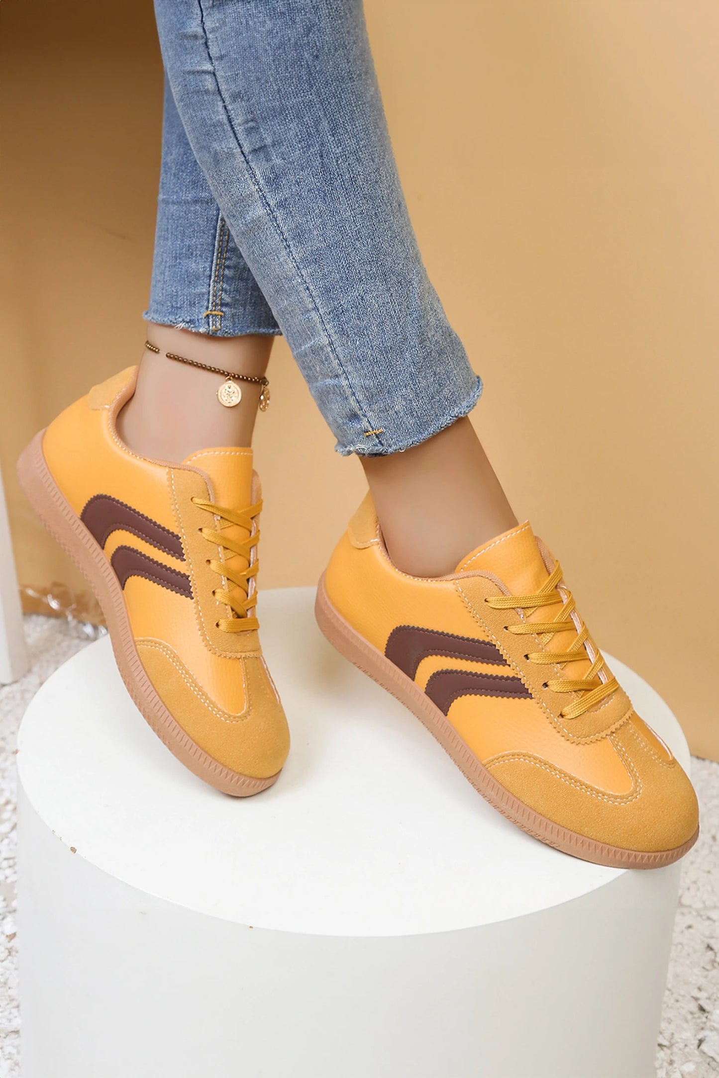 PU Leather Detail Shimmer Leopard Printed Lace-up Sneakers