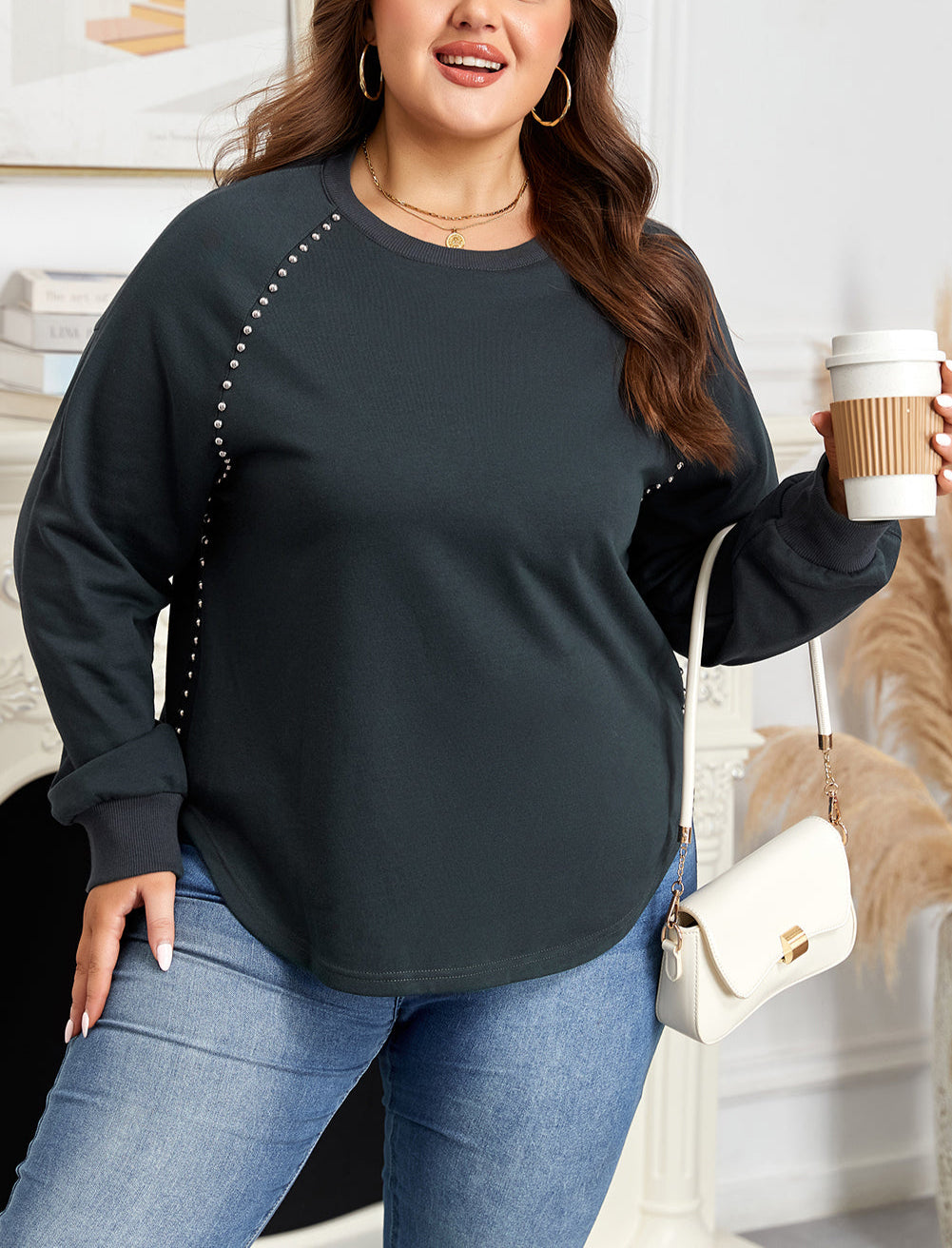 Black Studded Decor Ribbed Edge Mineral Wash Plus Size Jumper