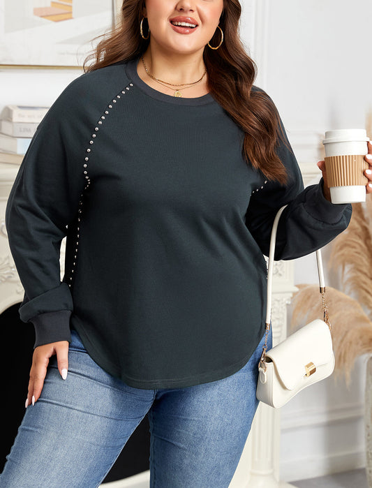 Black Studded Decor Ribbed Edge Mineral Wash Plus Size Jumper