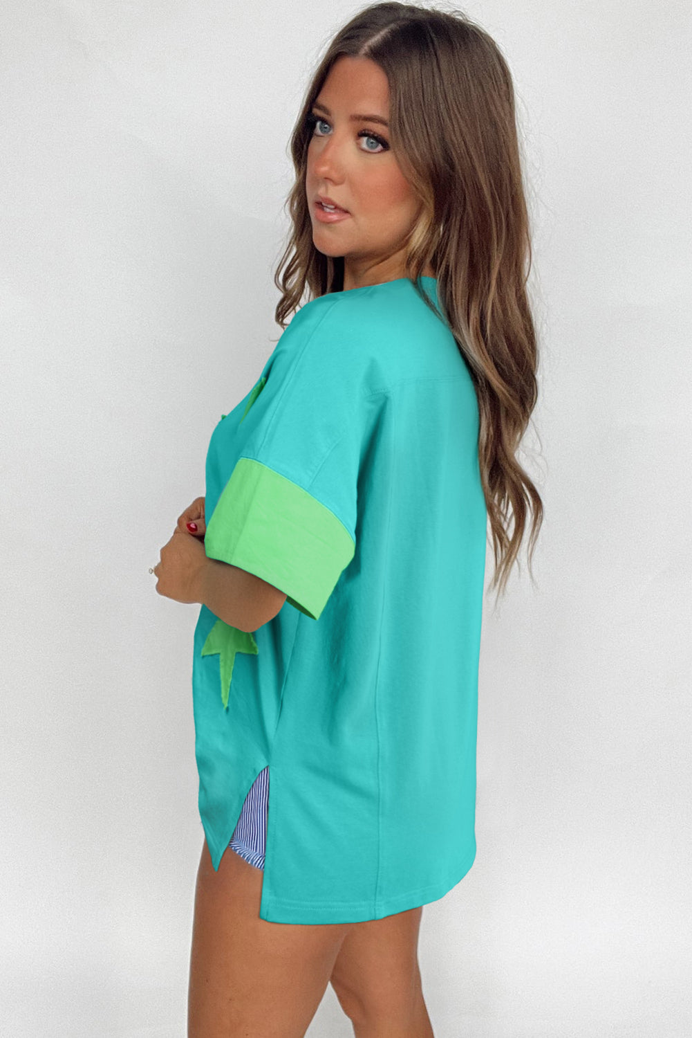 Smoke Green Frayed Denim Star Patched Oversize T Shirt
