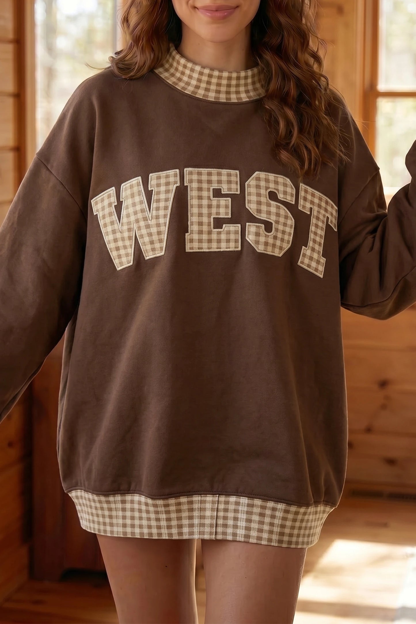 Plaid Trim High Neck SOUTH Letter Graphic Baggy Sweatshirt