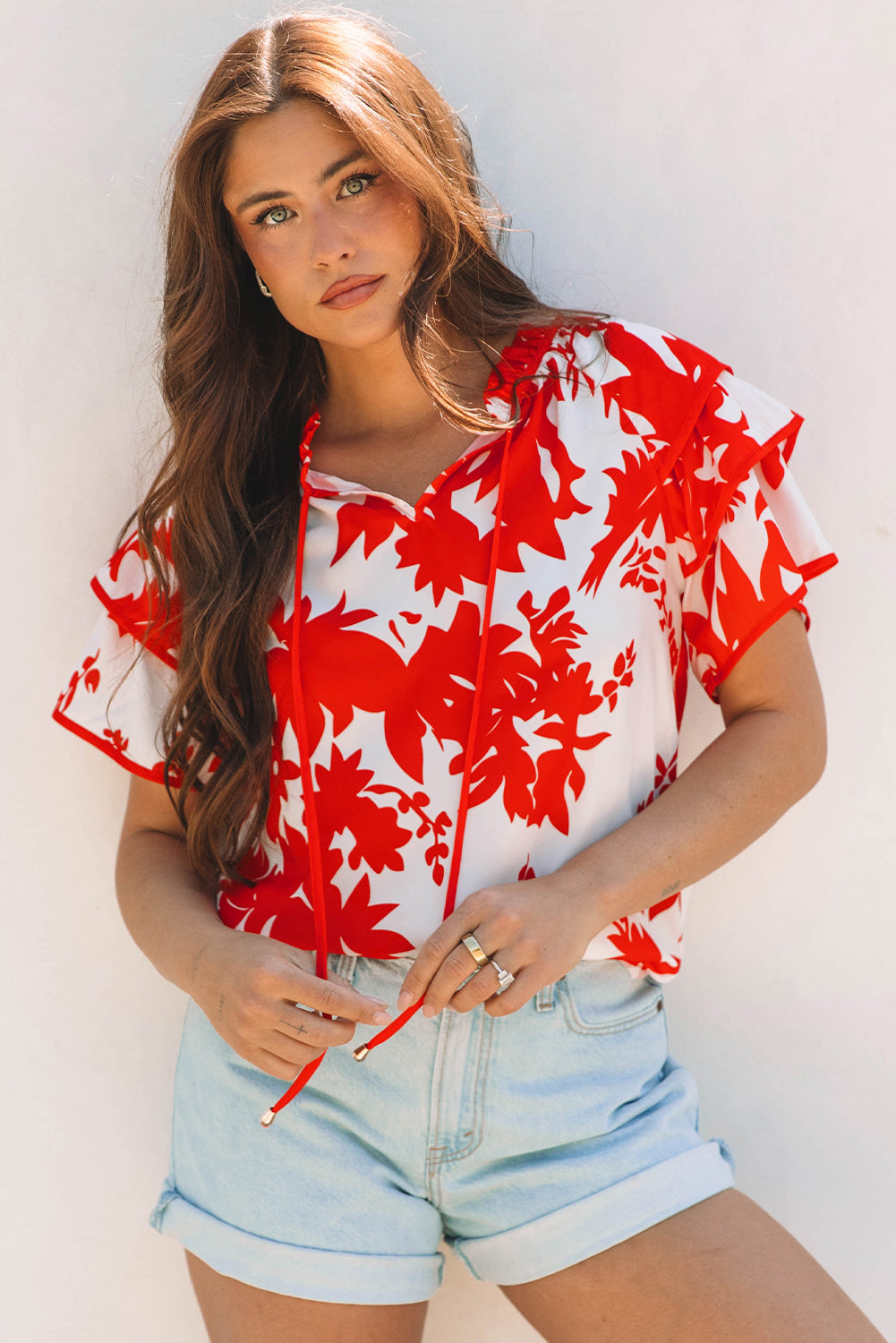 Red Plant Print Tiered Ruffled Sleeve V Neck Blouse