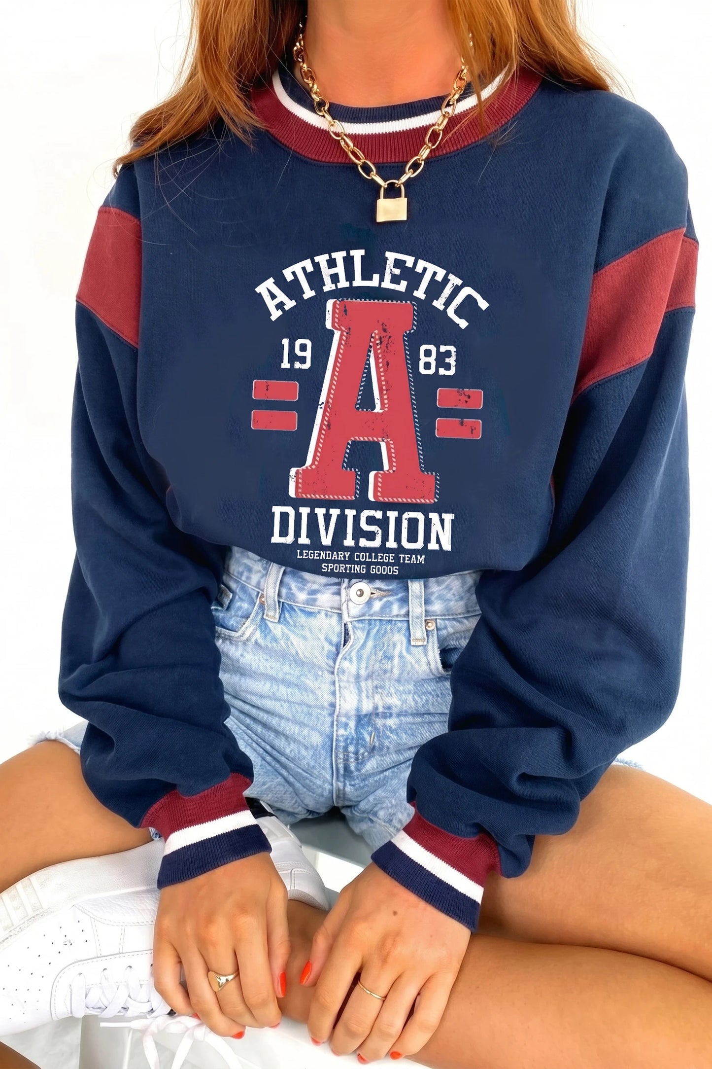 Sail Blue Patchwork Round Neck Long Sleeve Sweatshirt