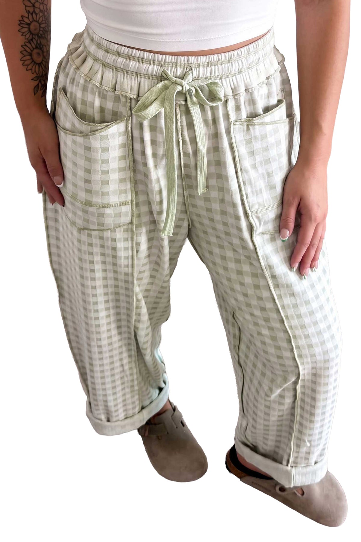 Red Plaid Contrast Trim Drawstring Elastic Waist Shift Pants