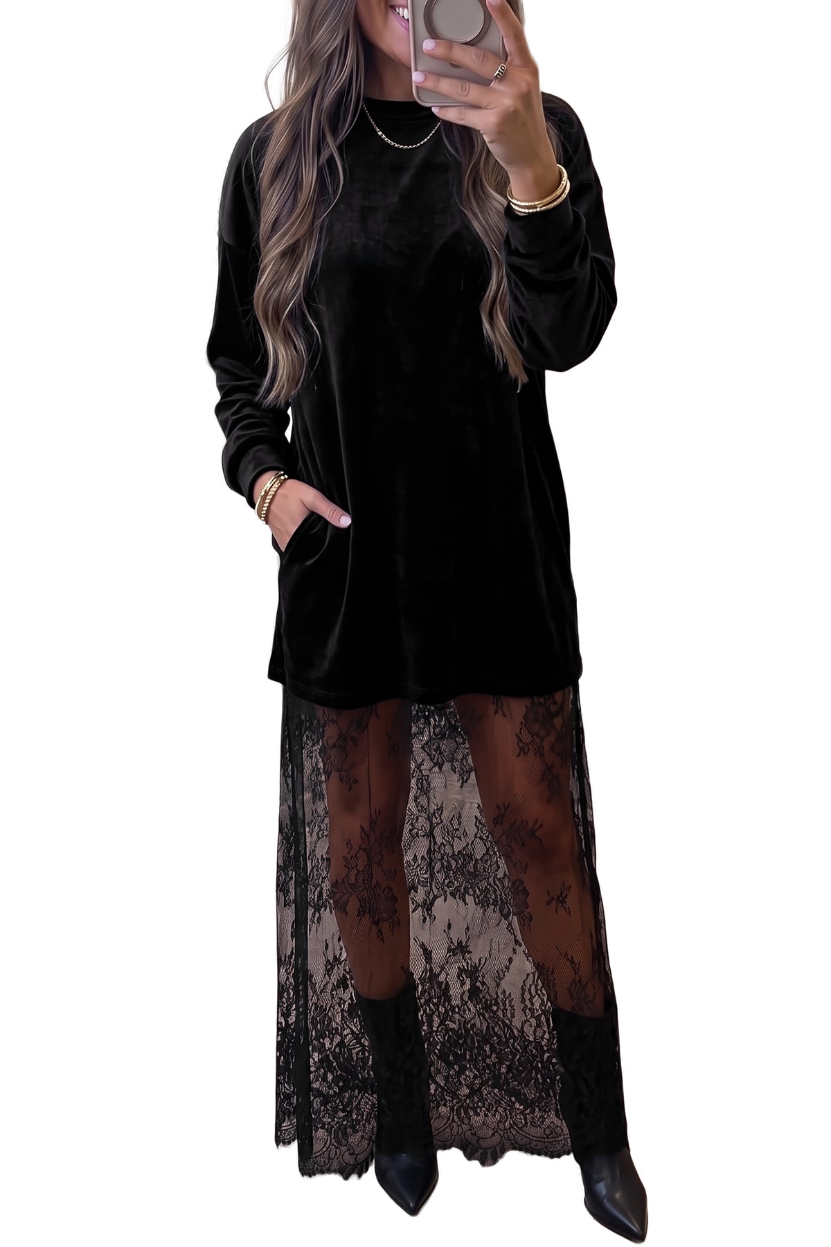 Blackish Green Velvet Long Sleeve Lace Splicing Hem Shift Maxi Dress