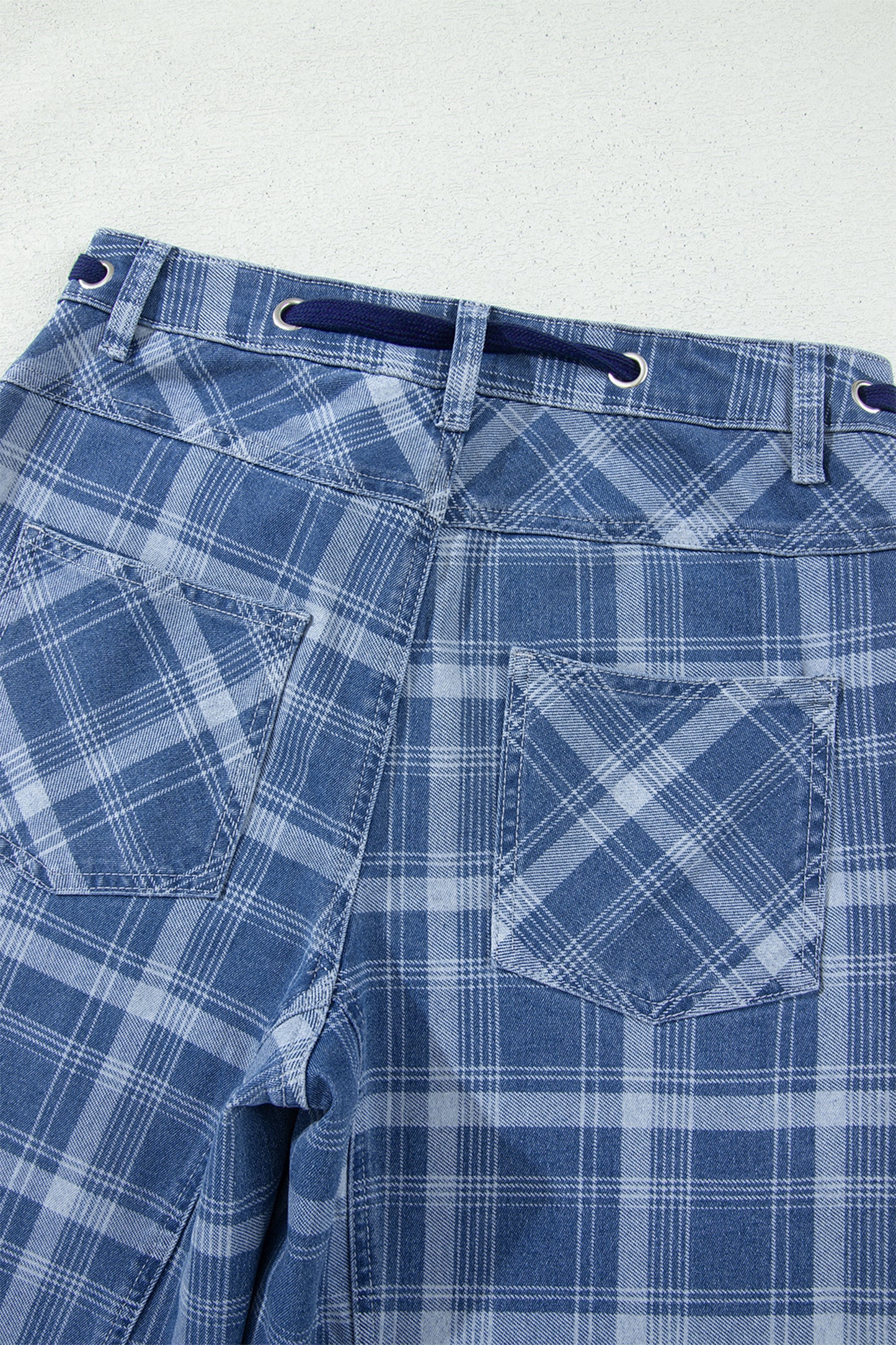 Sky Blue Plaid Denim Grommet Drawstring Waist Ankle-Length Jeans