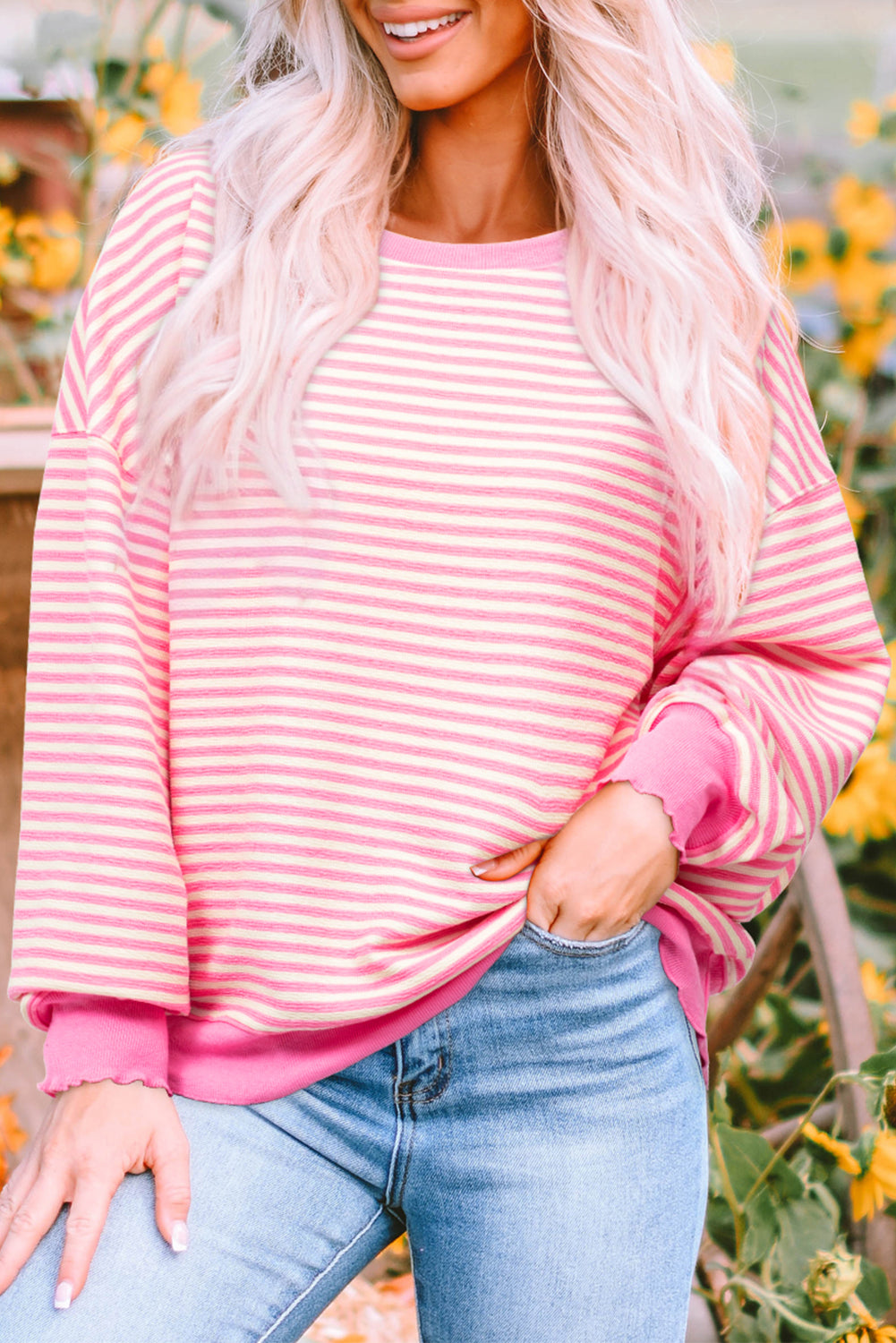 Solid Color Stripe Loose Drop Shoulder Long Sleeve Top