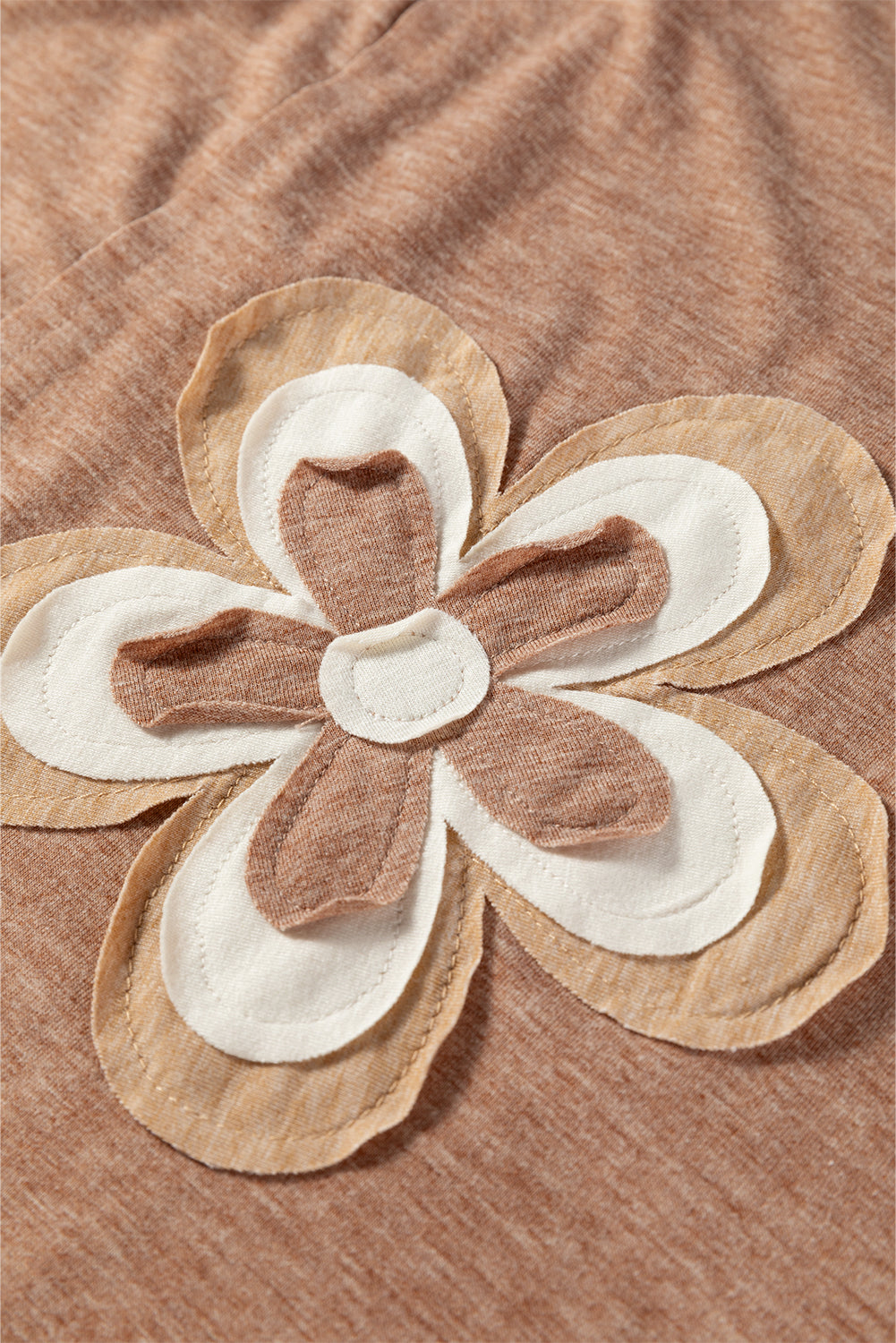 Fresh Salmon Floral Patchwork V Neck Long Sleeve T Shirt