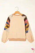 Light French Beige Sequined Rodeo Graphic Aztec Bubble Sleeve Patchwork Western Sweatshirt