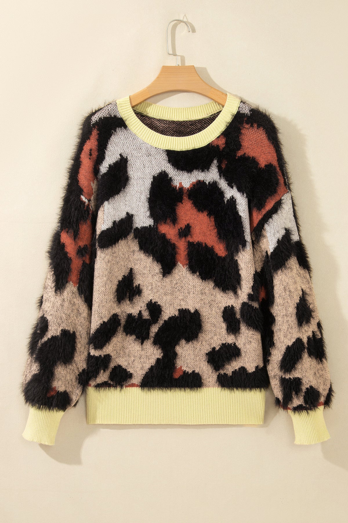Khaki Leopard Print Drop Shoulder Long Sleeve Round Neck Sweater