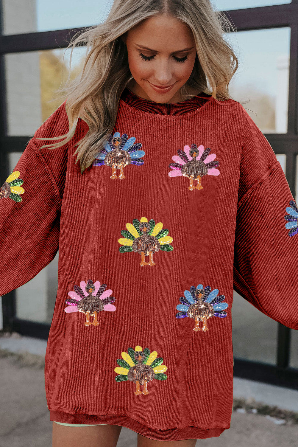 Orange Turkey Graphic Corded Baggy Sweatshirt