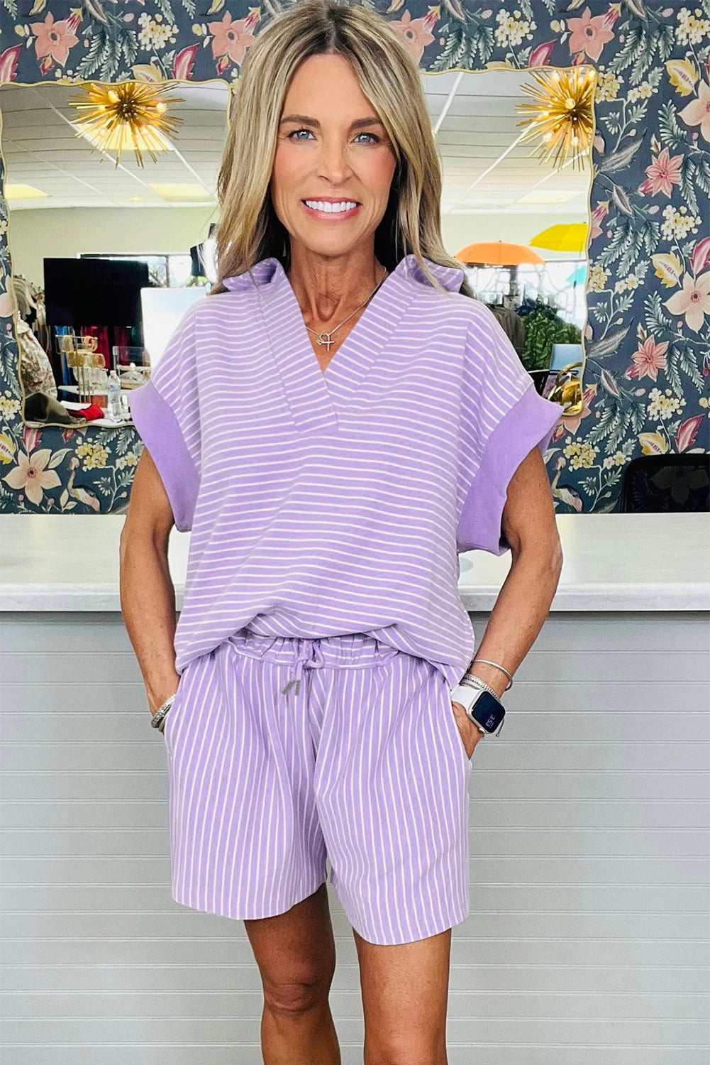 shop similar  shop similar  shop similar  shop similar  shop similar  shop similar  shop similar  shop similar  shop similar  shop similar  shop similar  shop similar  shop similar  Sky Blue Stripe Dolman Sleeve Polo Shirt and Drawstring Shorts Set