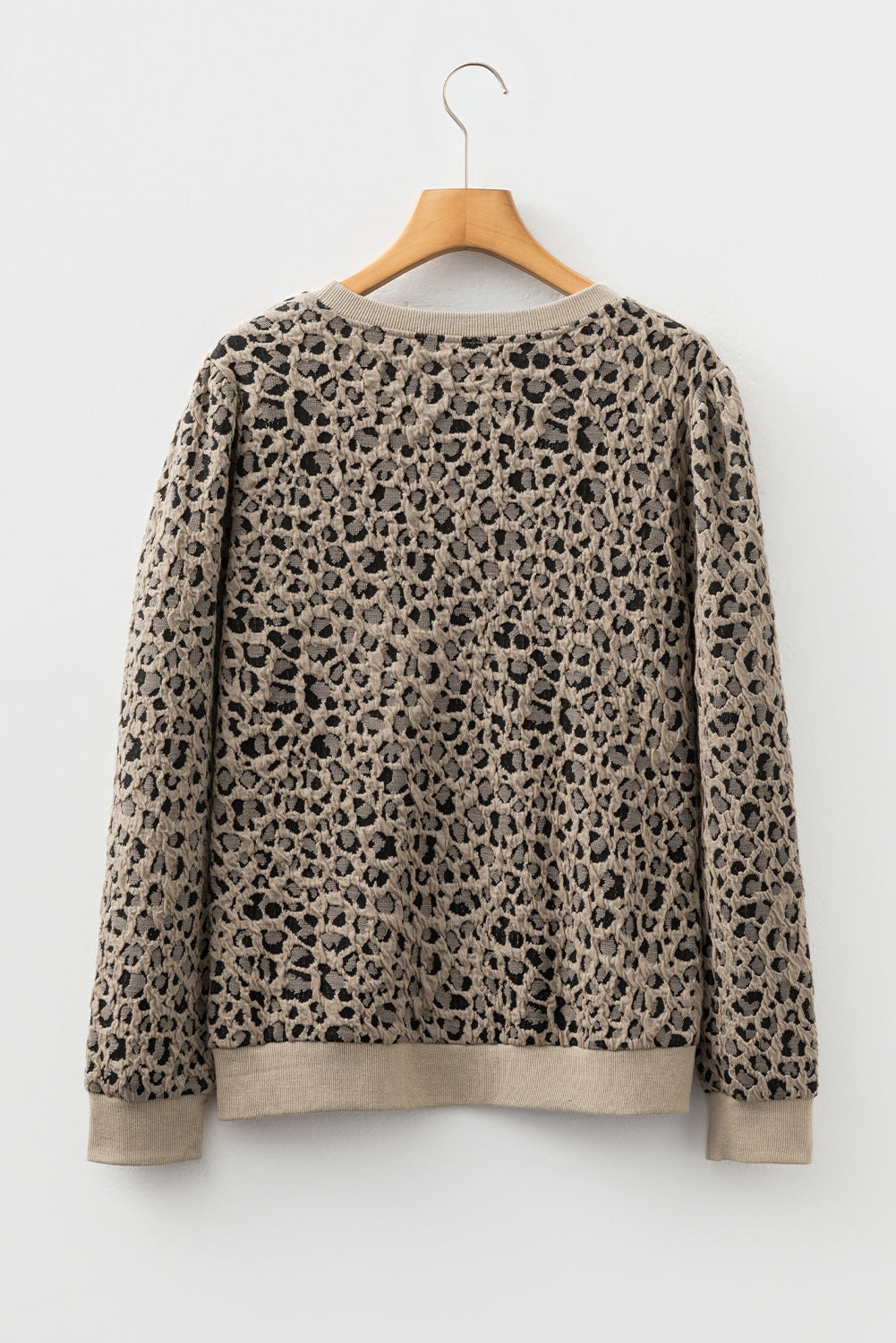 Brown Ribbed Trim Leopard Print Long Sleeve Top
