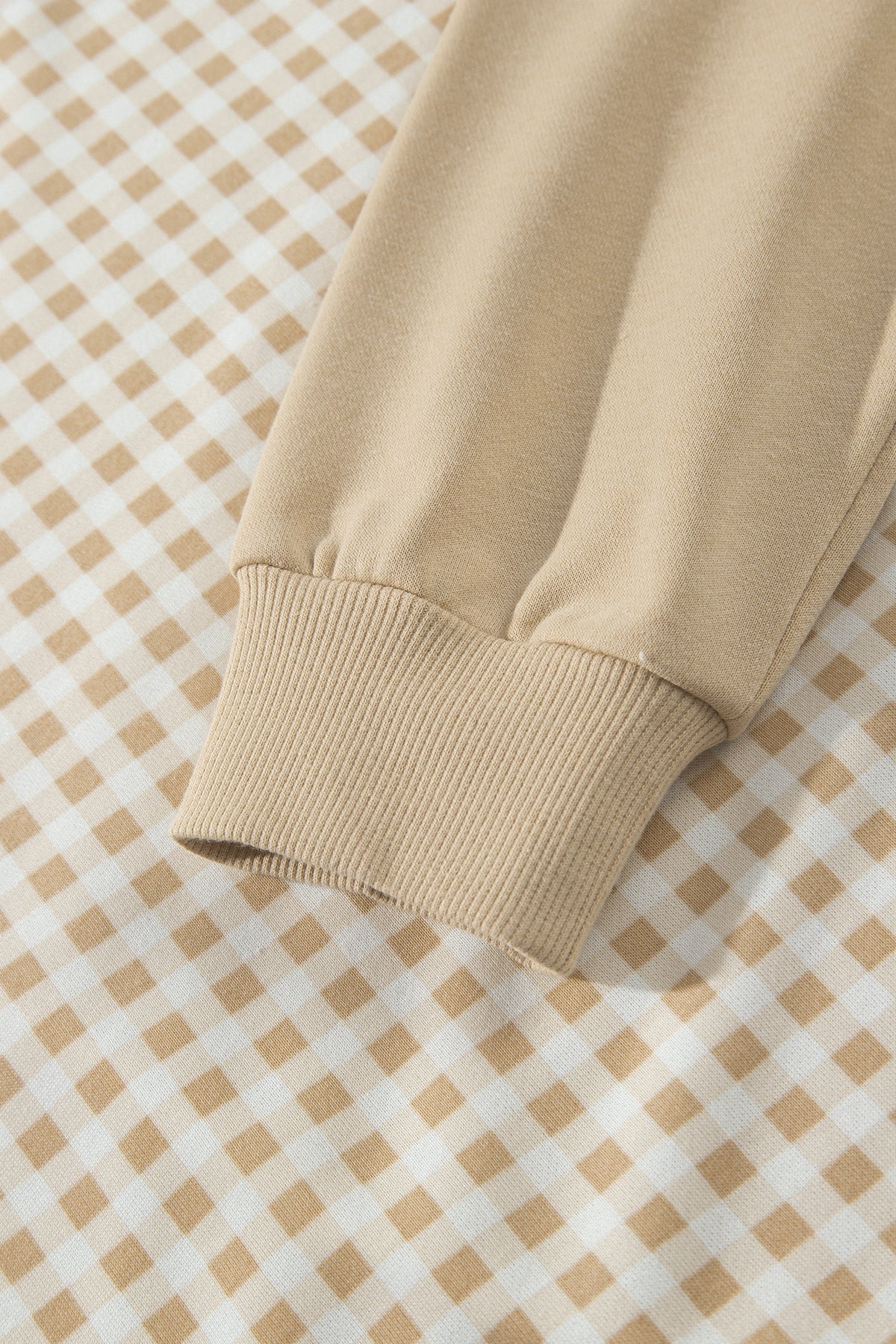 Khaki Color Block Plaid Patchwork Long Sleeve Pullover Wide Leg Pant Set