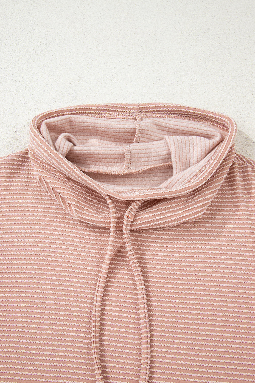 Pale Chestnut Horizontal Twist Ribbed Drawstring Cowl Neck Knit Top