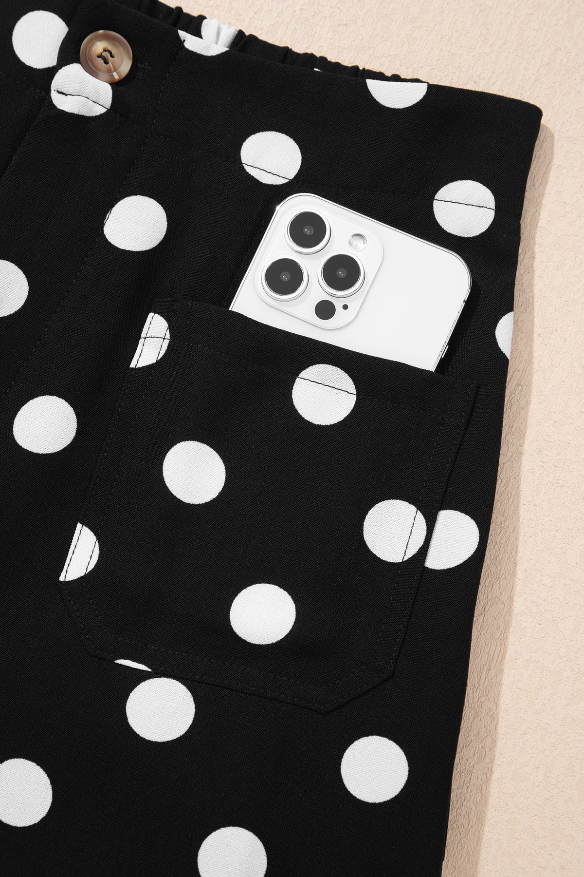 White Polka Dot Print Patched Pocket Loose Pants