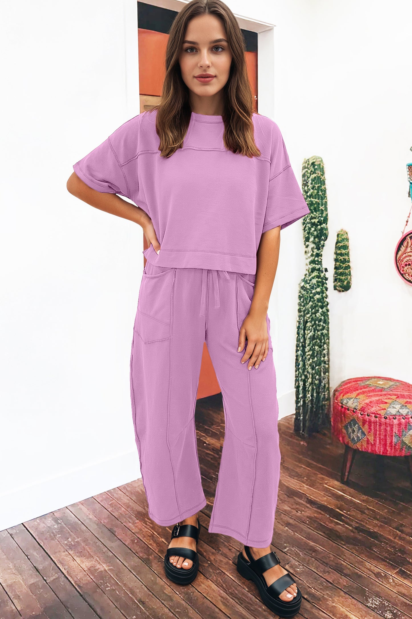 Sky Blue Drop Shoulder Boxy Tee and Barrel Pants Set