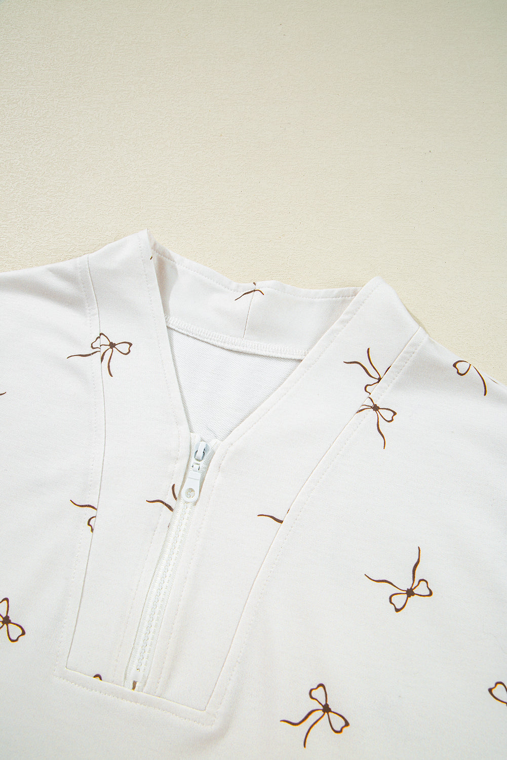 Beige Bow Print Half Zip Tank and Shorts 2pcs Set