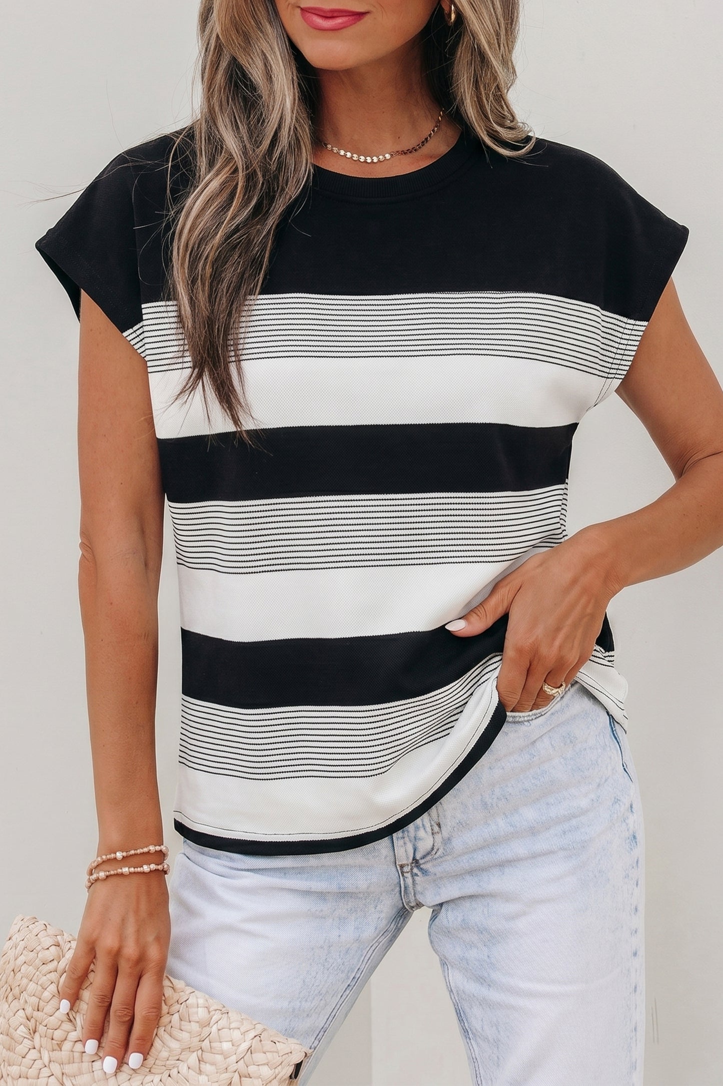Green Stripe Mixed Print Crew Neck Cap Sleeve T Shirt