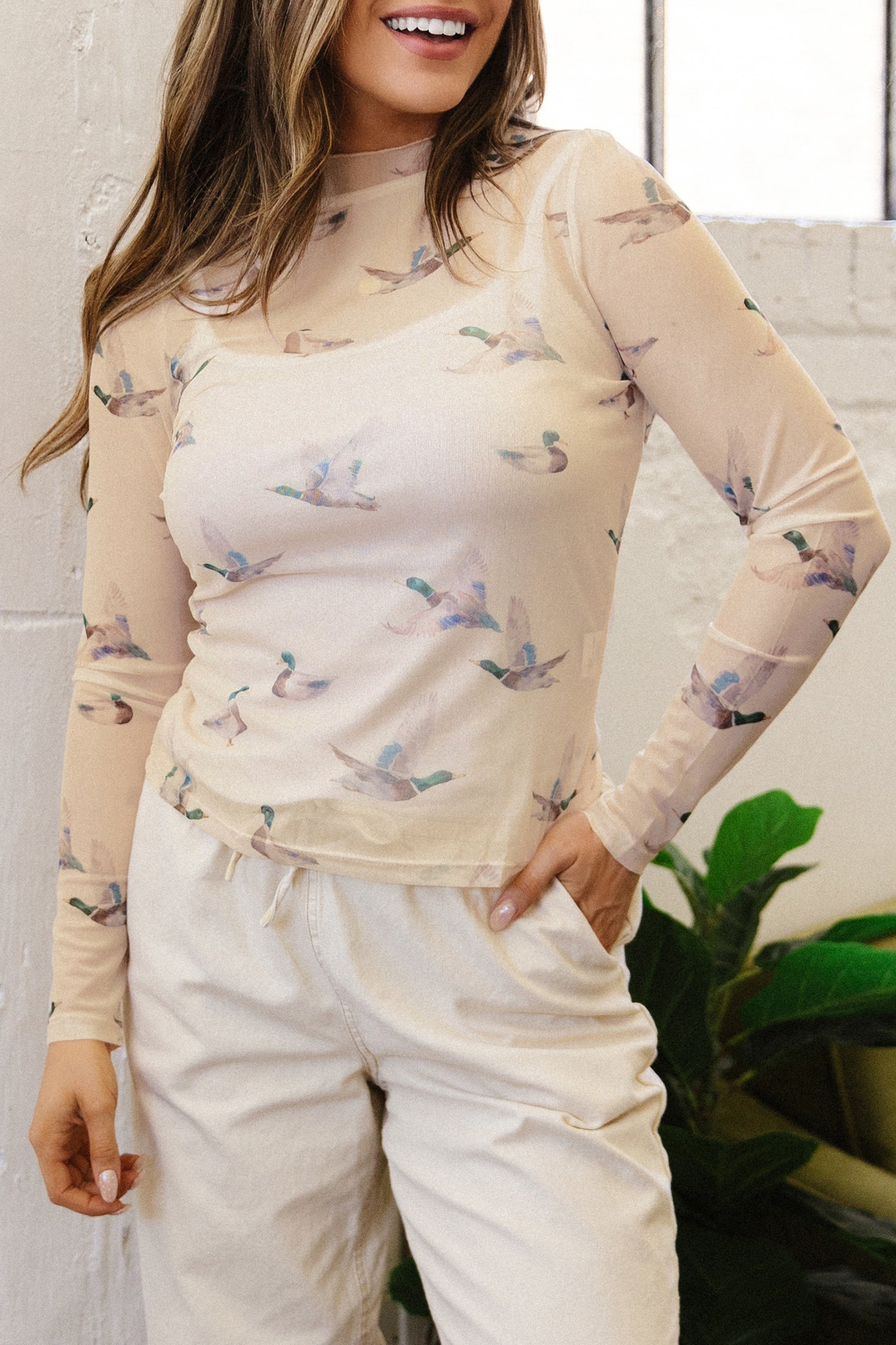 Western Duck Print Mesh Top Western High Neck Fitted