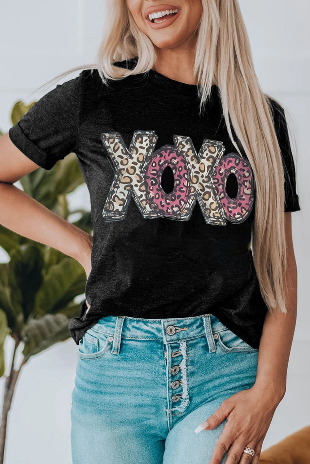 Black Leopard XOXO Print T Shirt