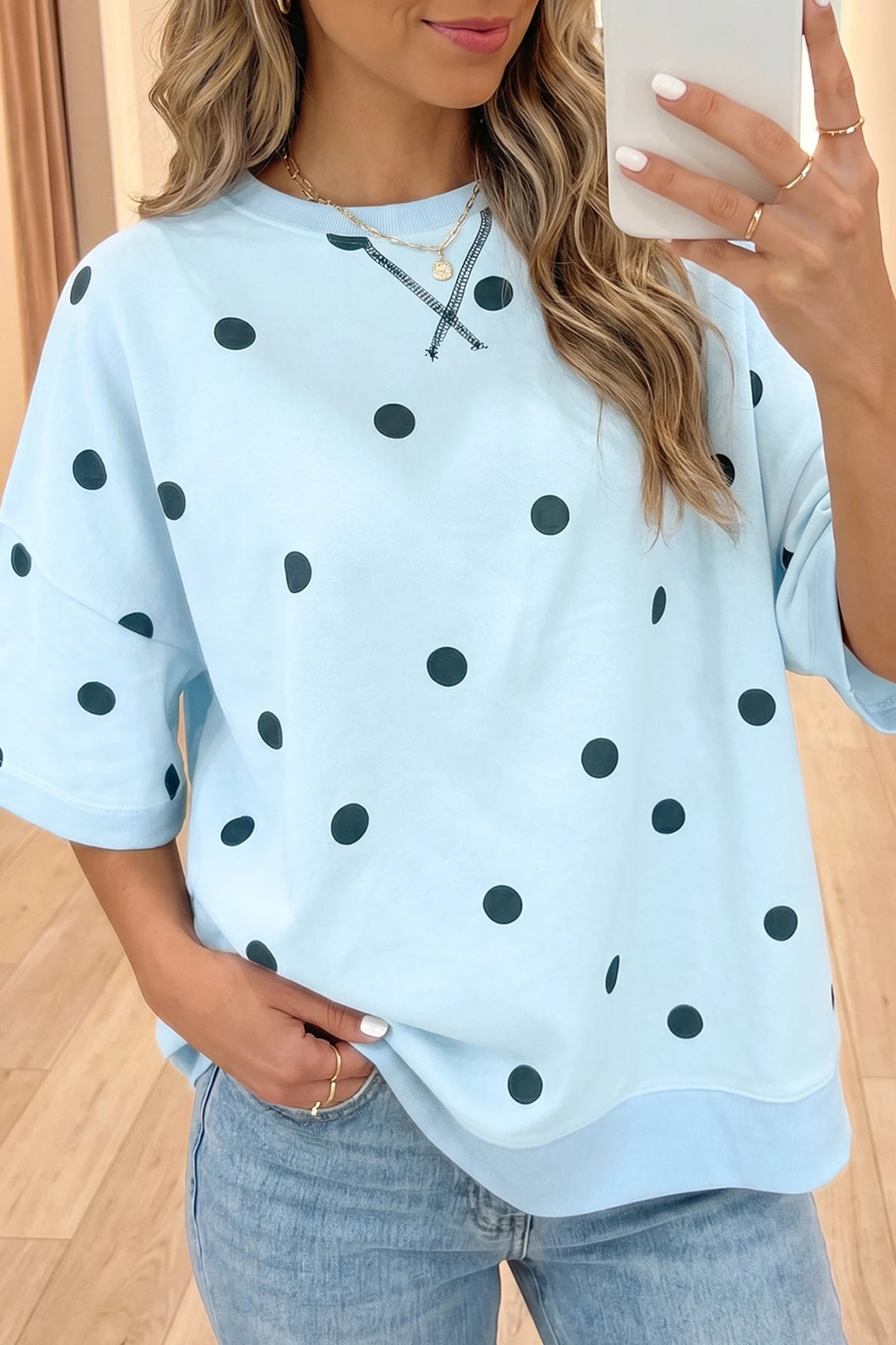 Loose-fit Long Sleeve Round Neck Polka Dot Tunic Sweatshirt