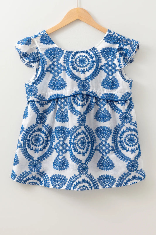 Blue Boho Print Flutter Sleeve Crew Neck Blouse