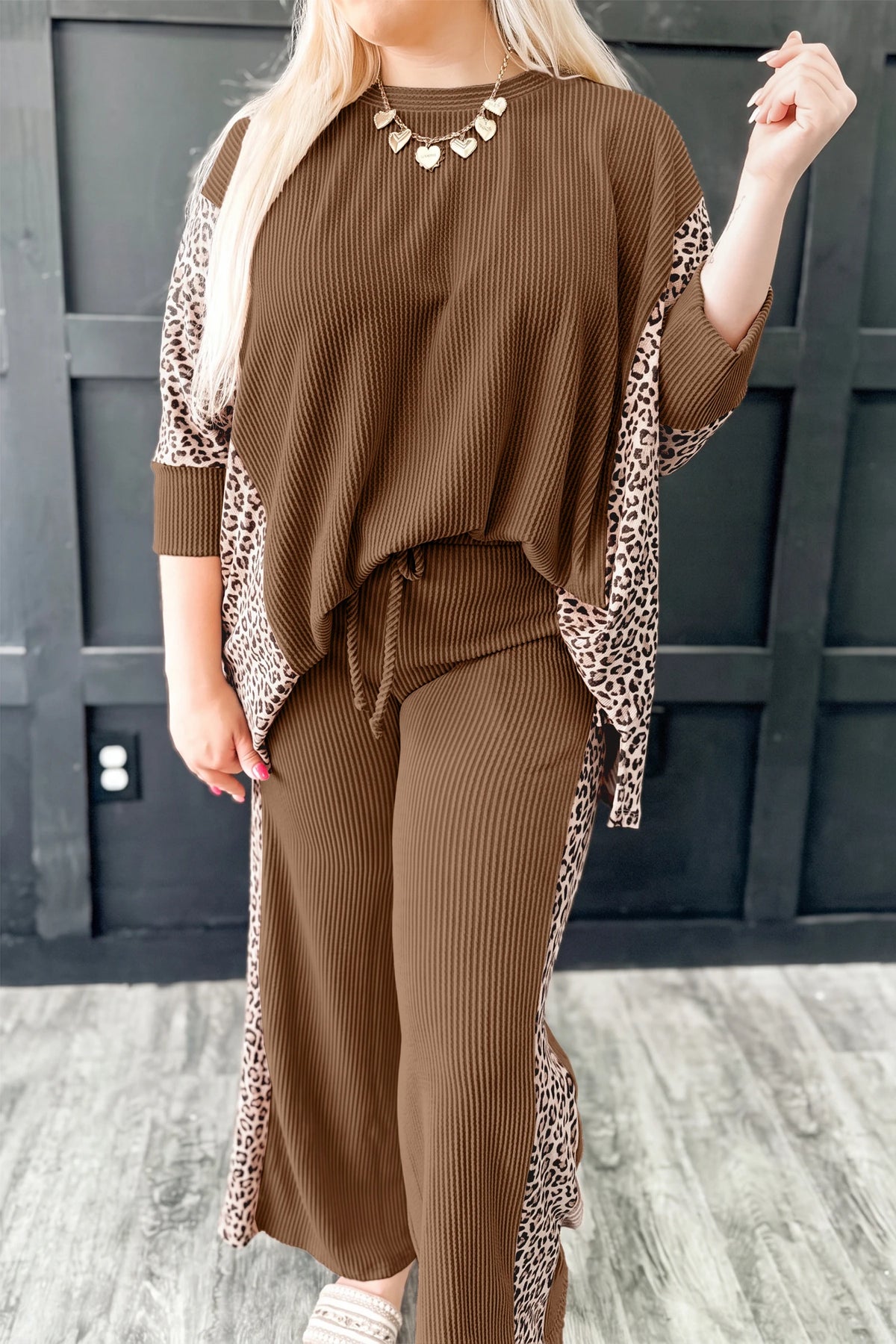 Parchment Leopard Print Twisted Ribbed Patchwork Long Sleeve Top Loose Pant Set
