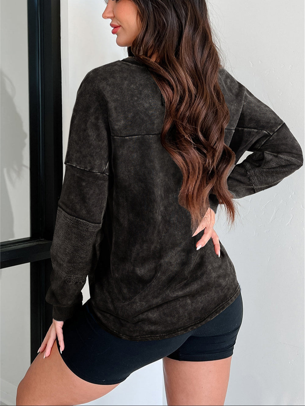 Carbon Grey Mineral Wash Exposed Seam Buttoned V Neck Pullover Top