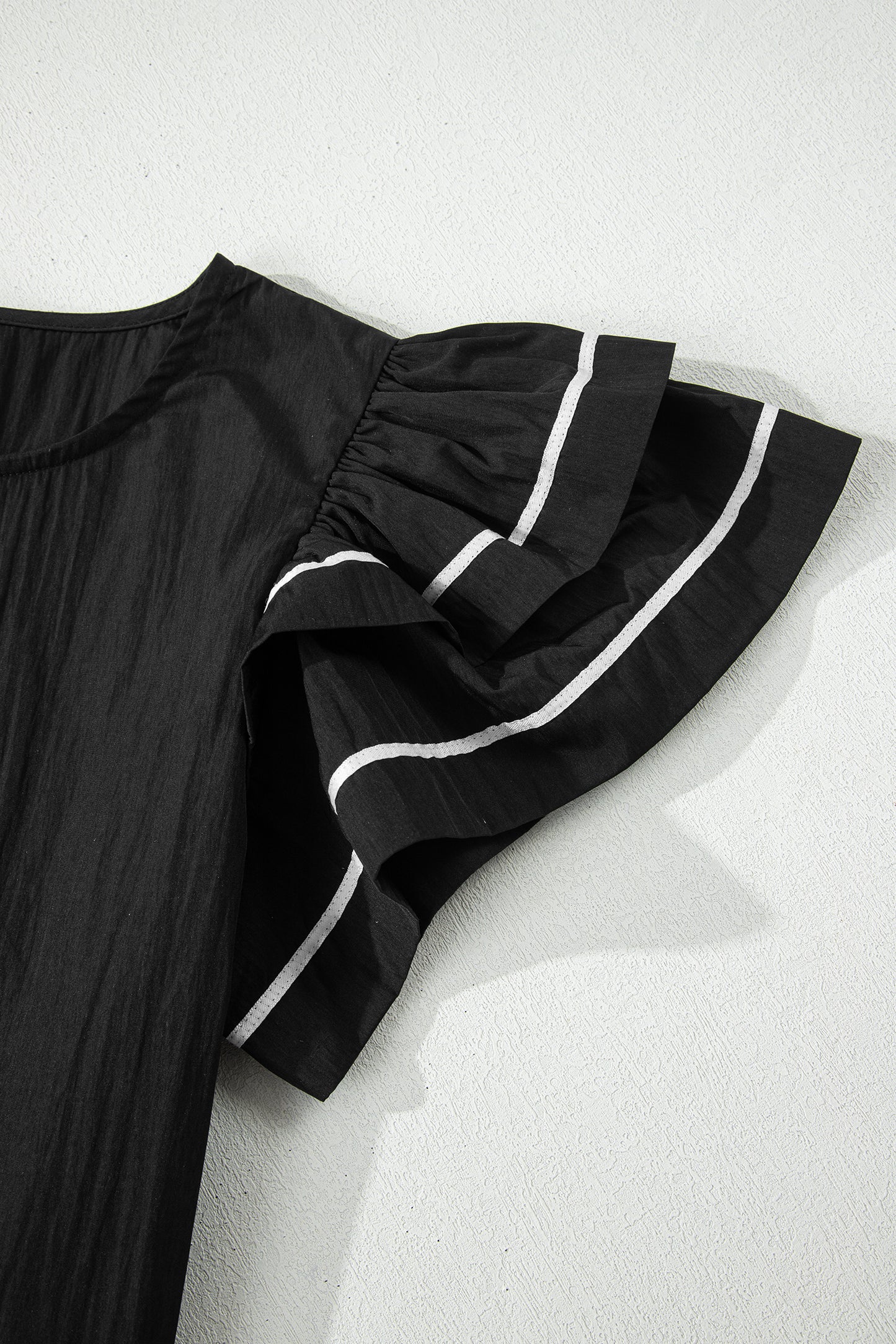 Black Contrast Trim Dual Ruffle Short Sleeve Textured Blouse