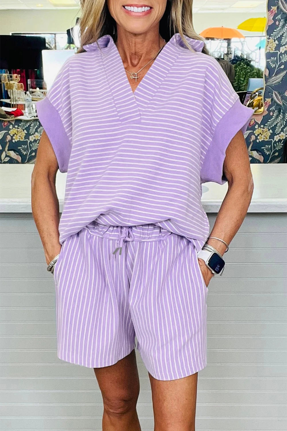shop similar  shop similar  shop similar  shop similar  shop similar  shop similar  shop similar  shop similar  shop similar  shop similar  shop similar  shop similar  shop similar  Sky Blue Stripe Dolman Sleeve Polo Shirt and Drawstring Shorts Set