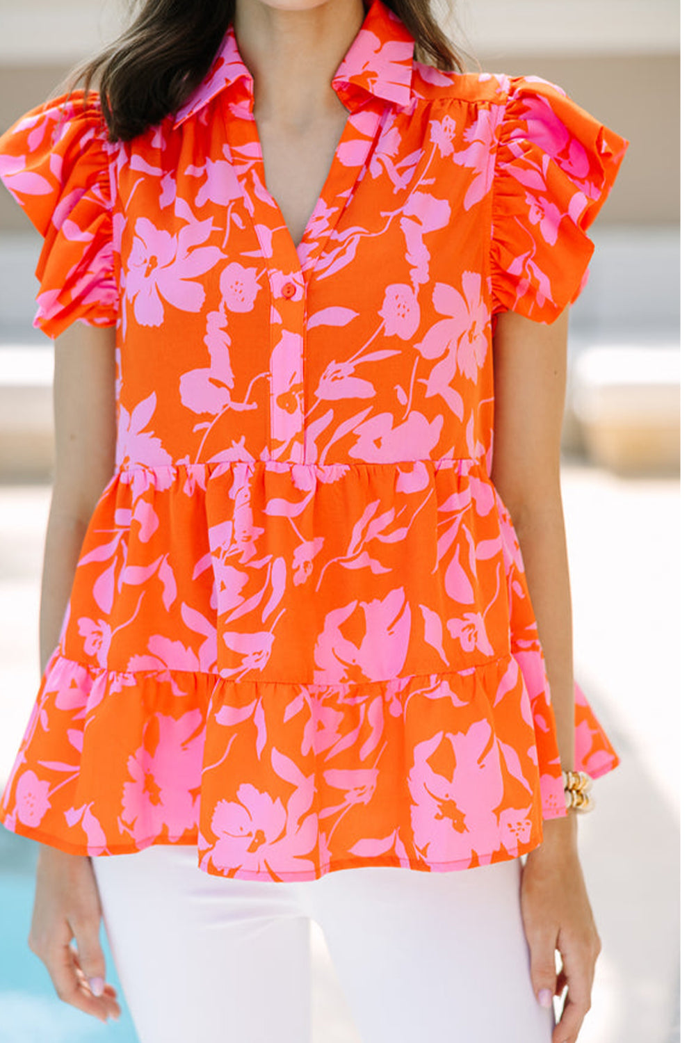 Orange Floral Print Collared Button Neckline Flutter Sleeve Blouse