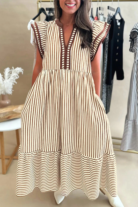 Stripe Double Ruffled Short Sleeve Contrast Trim V Neck Midi Dress
