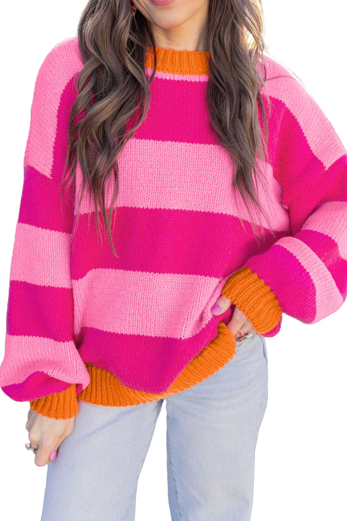 Rose Stripe Casual Colorblock Knit Drop Shoulder Relaxed Sweater