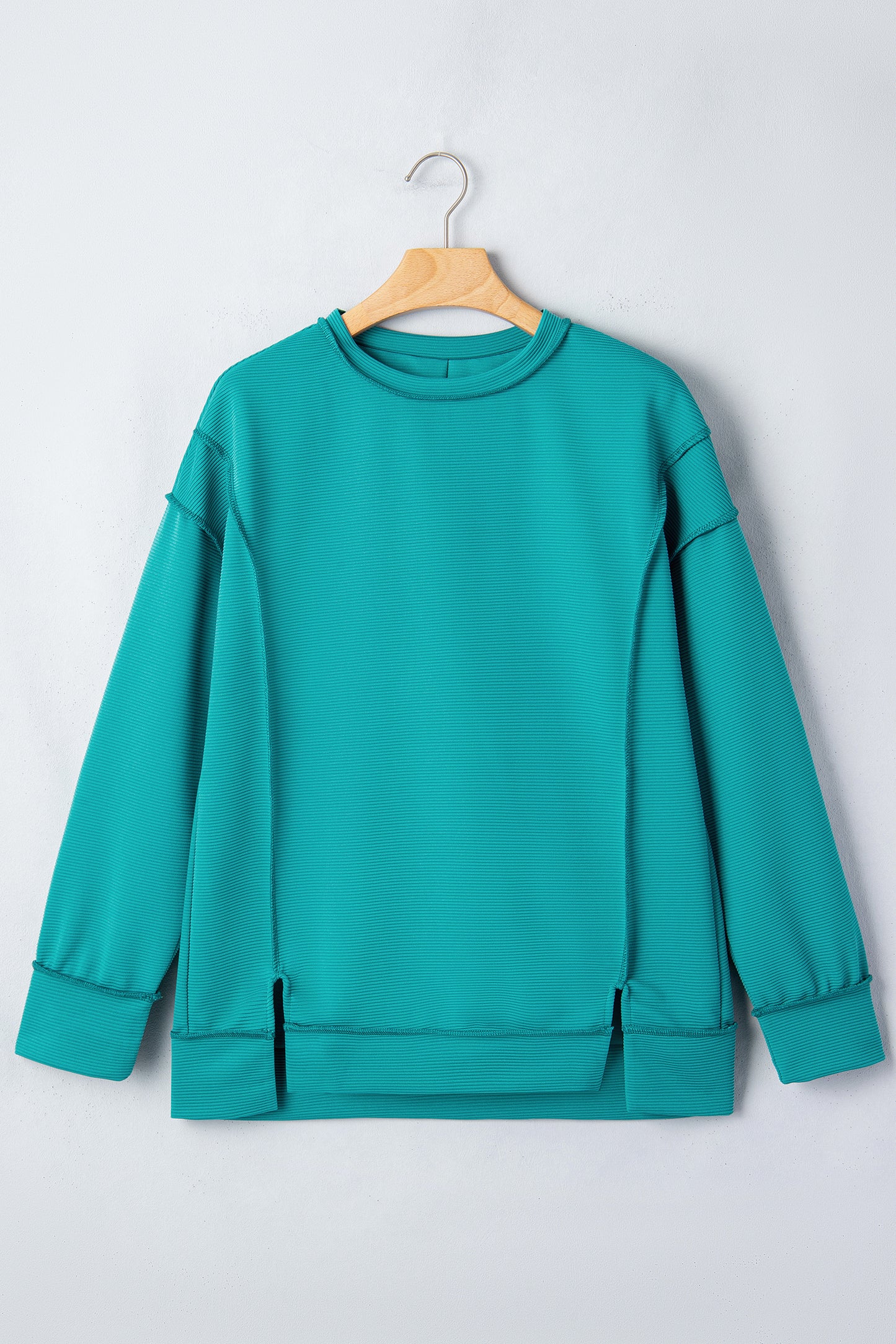 Sea Green Horizontal Ribbed Exposed Seam Detail Drop Shoulder Baggy Pullover