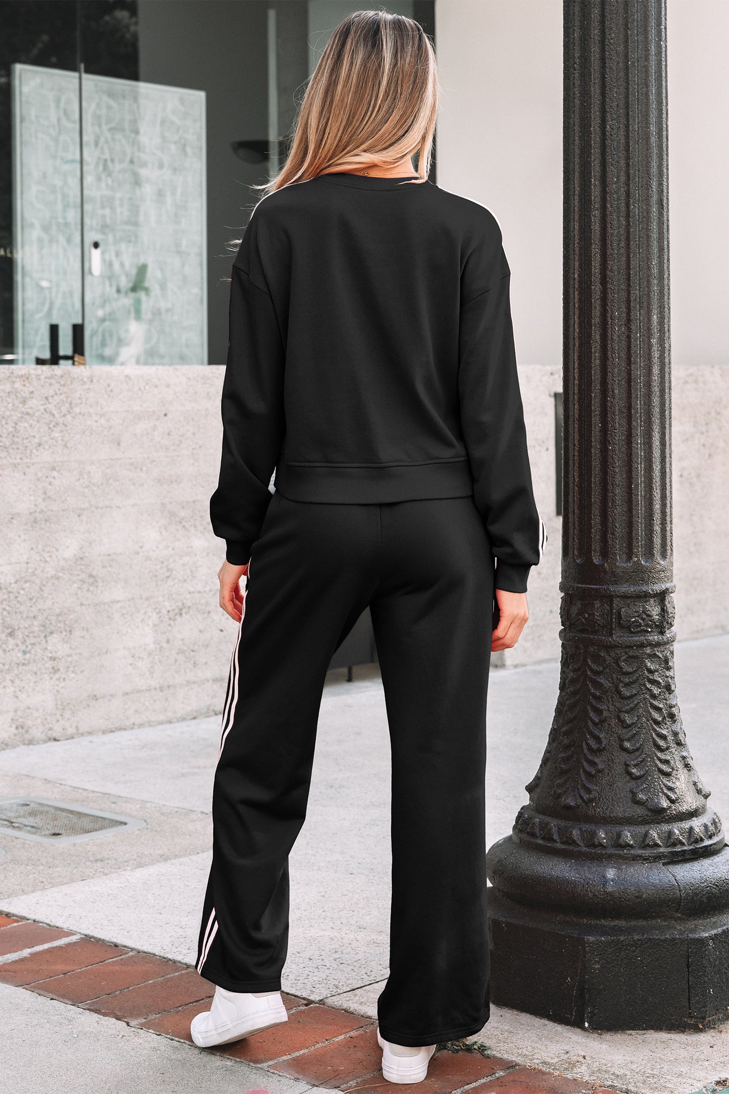 Black Varsity Striped Detail Crewneck Pullover Elastic Sweatpants 2pcs Outfit