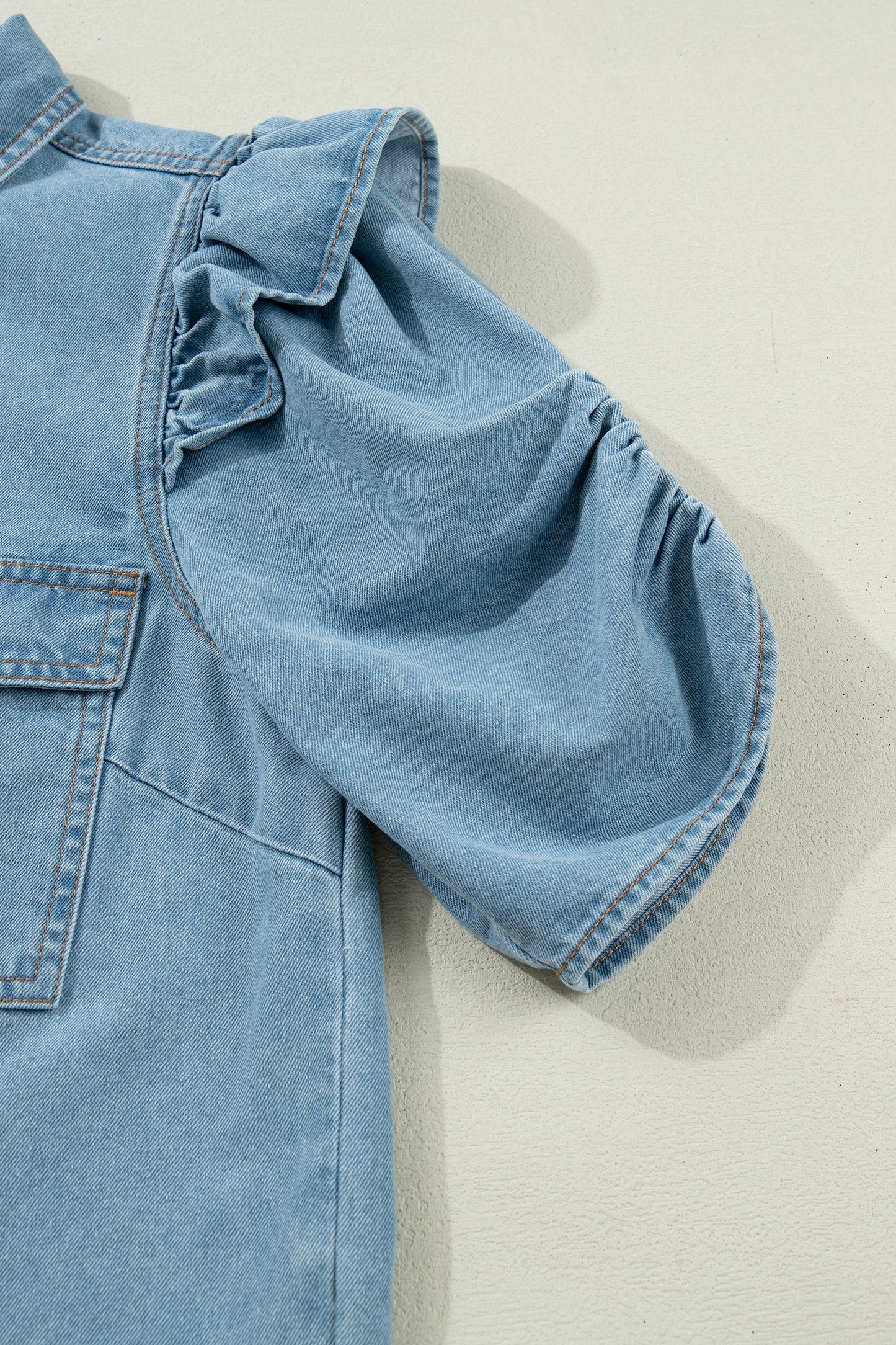 Myosotis Ruffle Detail Short Puff Sleeve Button Down Flap Pocket Denim Shirt