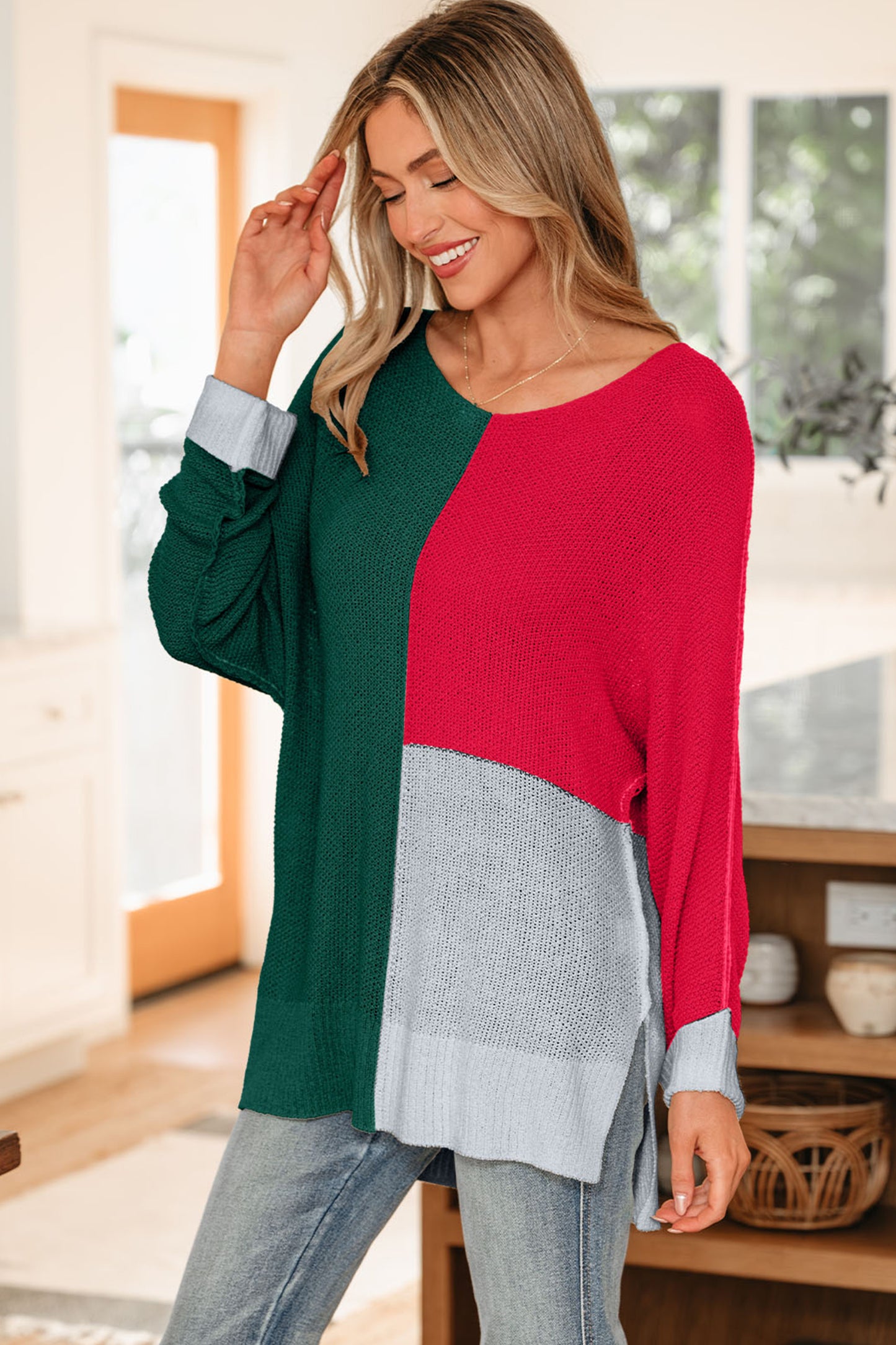 Black Color Block Knit V Neck Loose Sweater