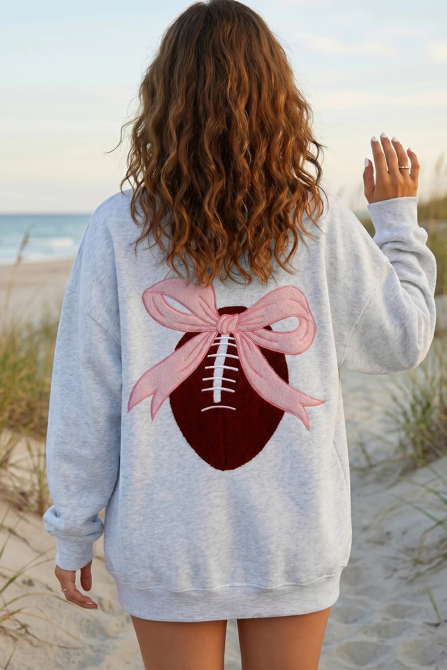 Embroidered Football Bow Back Long Sleeve Tunic Sweatshirt
