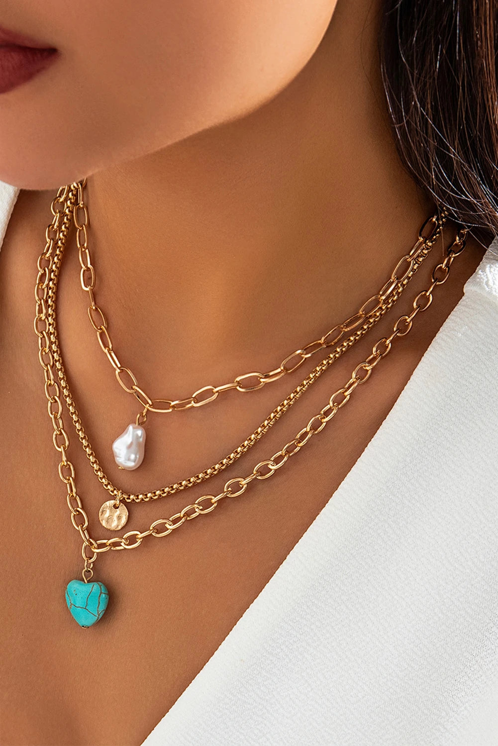 Gold Plated Baroque Pearl Turquoise Heart 3pcs Necklace Set
