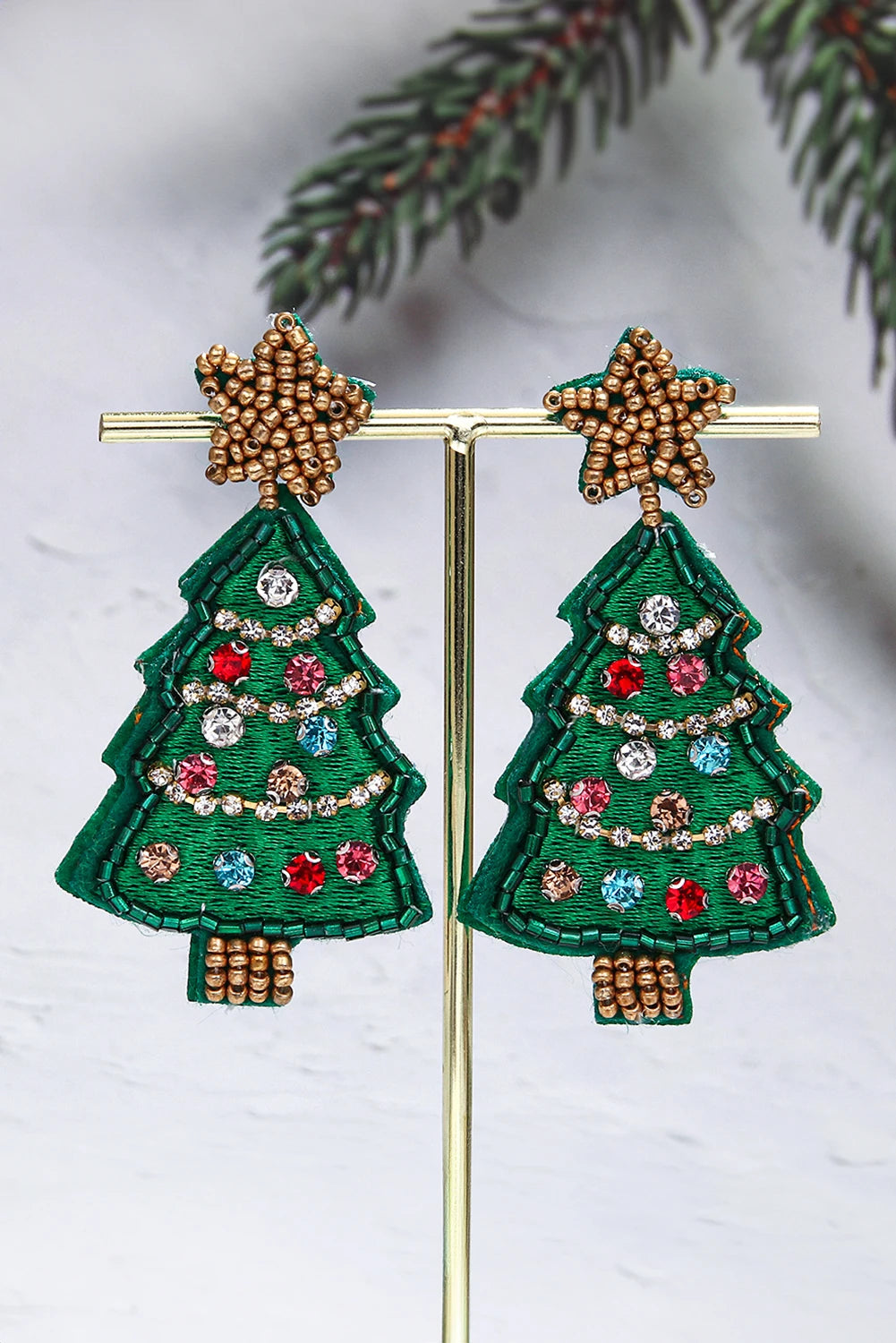 Dark Green Christmas Tree Rhinestone Star Beaded Earrings